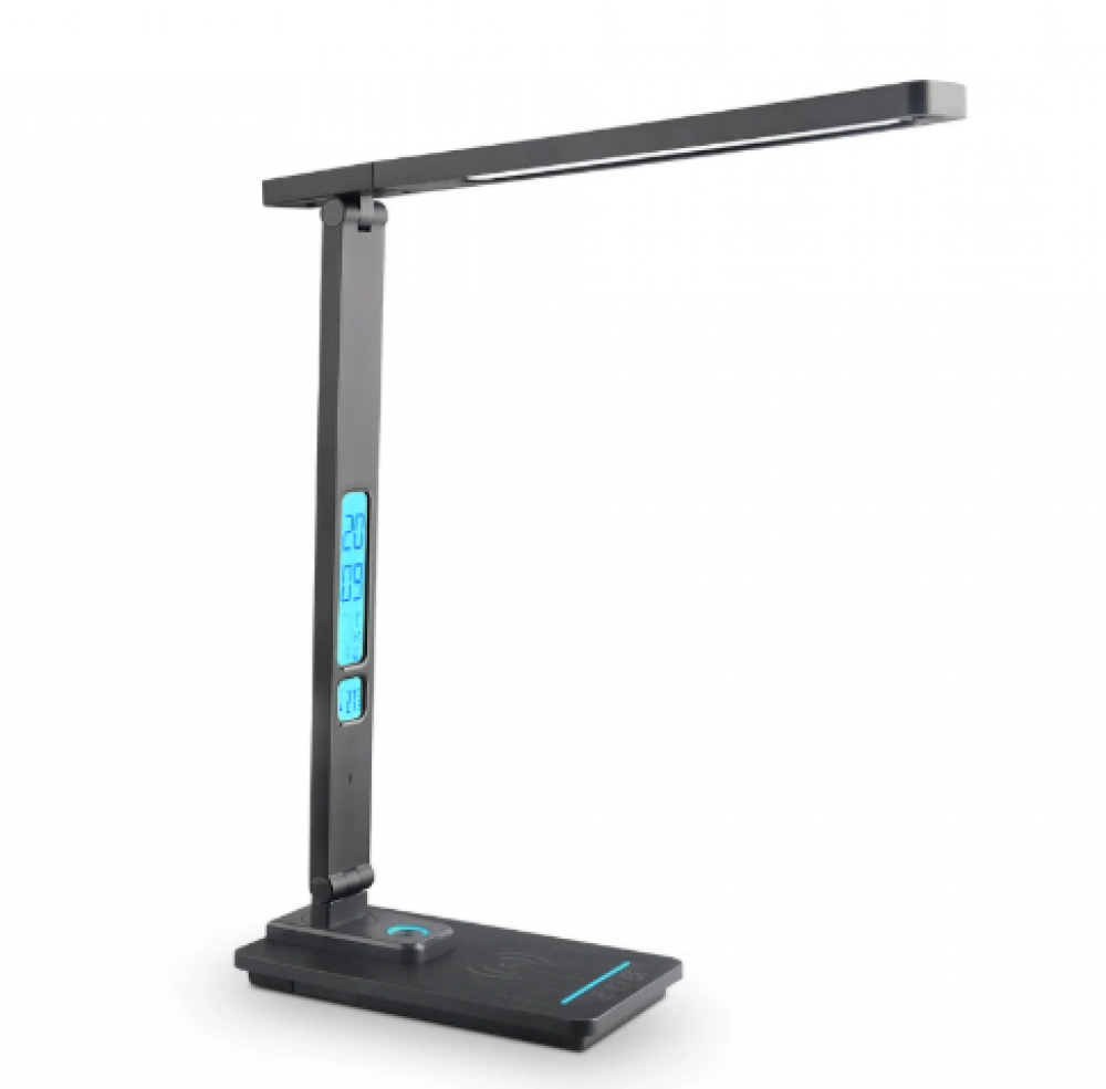 Noir, lampka biurkowa LED z ładowarką bezprzewodową 10W, ładowanie USB, regulowana lampka stołowa chroniąca oczy z ekranem LCD, kalendarz, 5 trybów