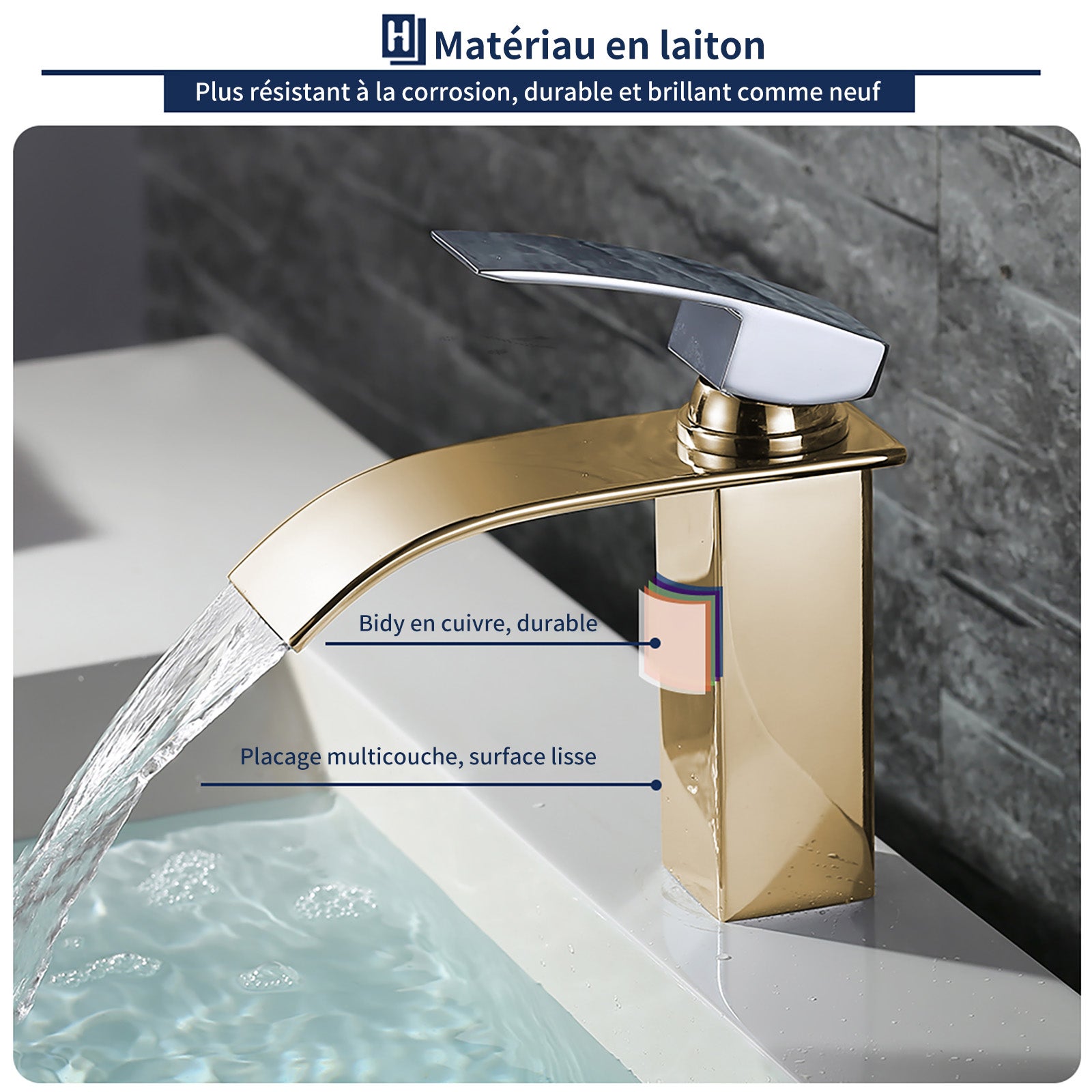 Mitigeur de Lavabo Chromé en Laiton avec Levier Unique, Robinet Salle de Bain Cascade Eau Chaude et Froide pour Lave-Mains - 4