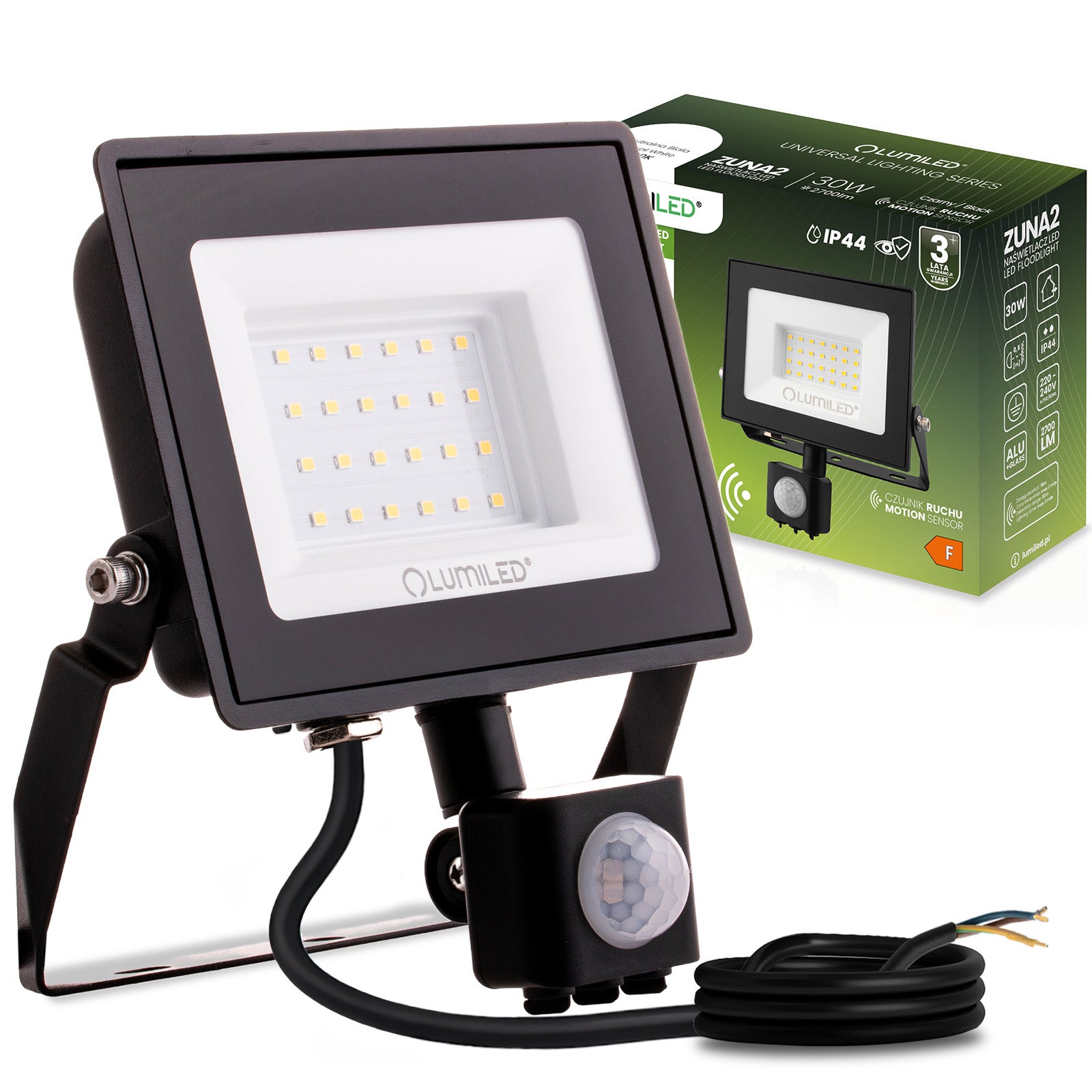 Naświetlacz LED Lumiled 30W 2700lm 4000K Neutralna biel IP44 Czarny Czujnik Ruchu 1 szt.