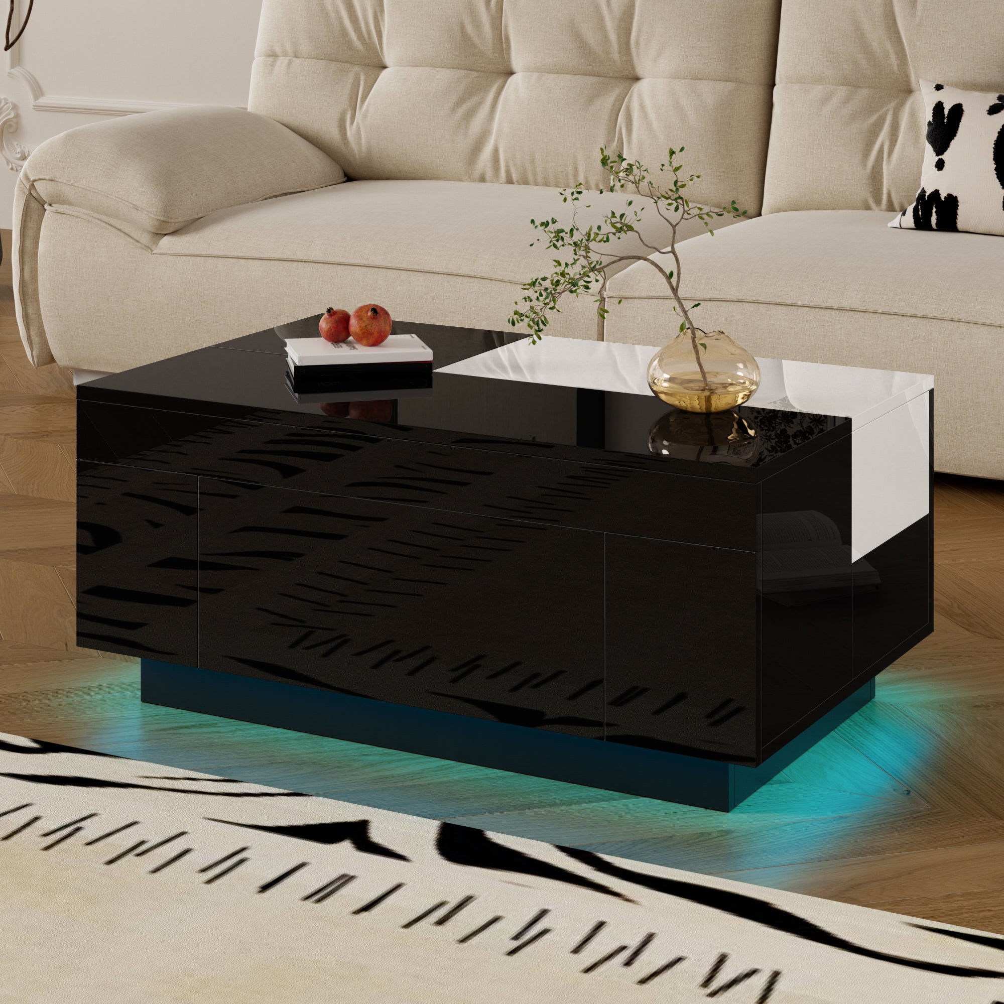 Stolik kawowy wysokiego połysku 80×50×35,5 cm - Oświetlenie LED - 1 szuflada - Rozsuwana blat - Czarny + Biały