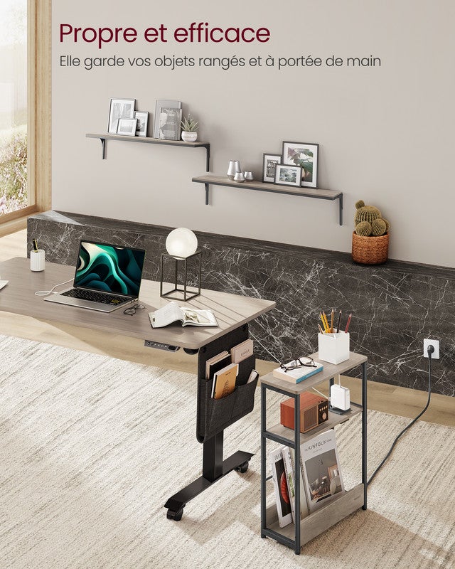 Table d'Appoint Fine avec Multiprise, Table de Chevet à 3 Niveaux, Bout de Canapé, pour Petits Espaces, Grège Chiné et Noir d'Encre - 7