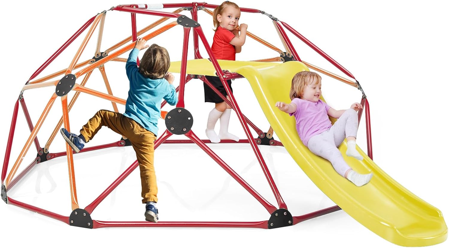 Zestaw 2 w 1: Kopuła do Wspinaczki i Zjeżdżalnia, Stabilna Metalowa Drabinka Geometryczna o Nośności 150 kg, Plac Zabaw (Czerwony + Żółty)
