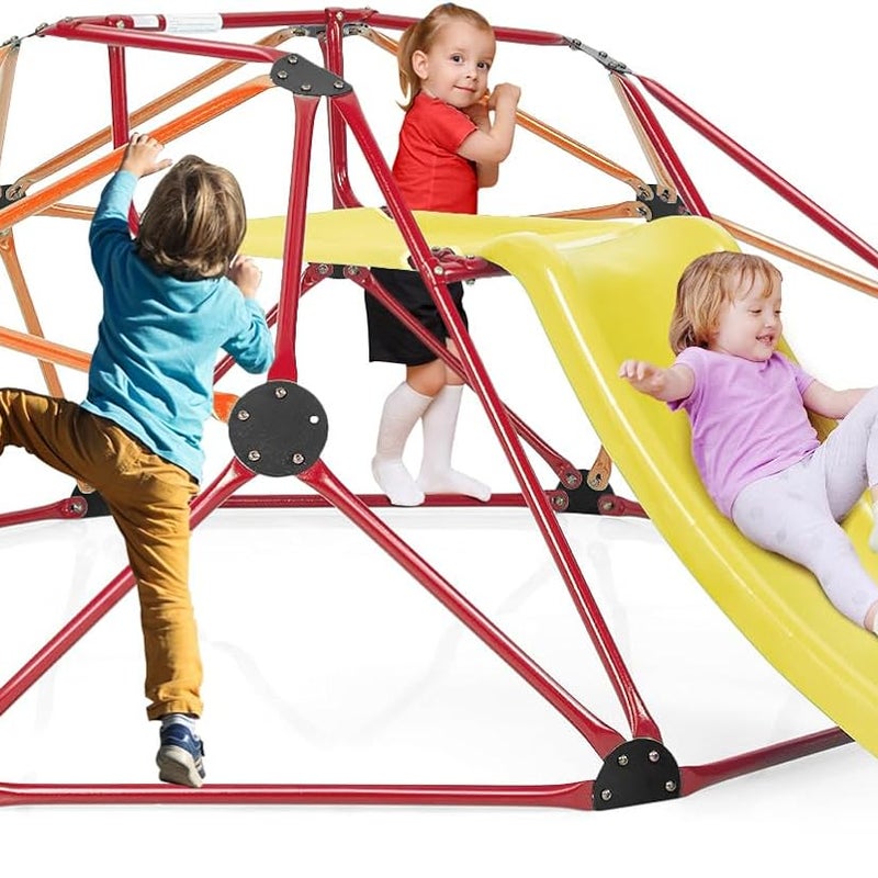 Zestaw 2 w 1: Kopuła do Wspinaczki i Zjeżdżalnia, Stabilna Metalowa Drabinka Geometryczna o Nośności 150 kg, Plac Zabaw (Czerwony + Żółty)