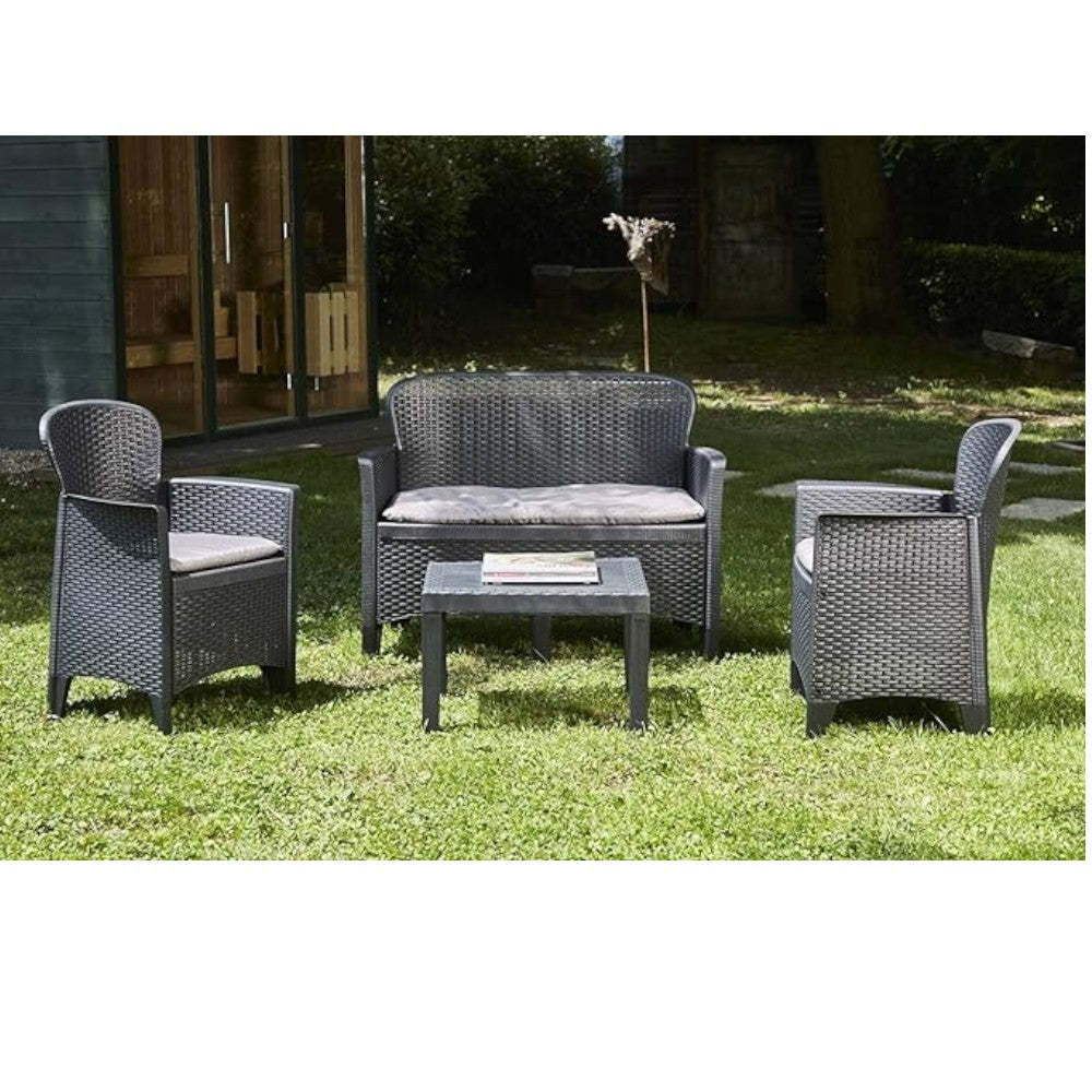 Salotto da giardino per esterno in resina effetto rattan con due