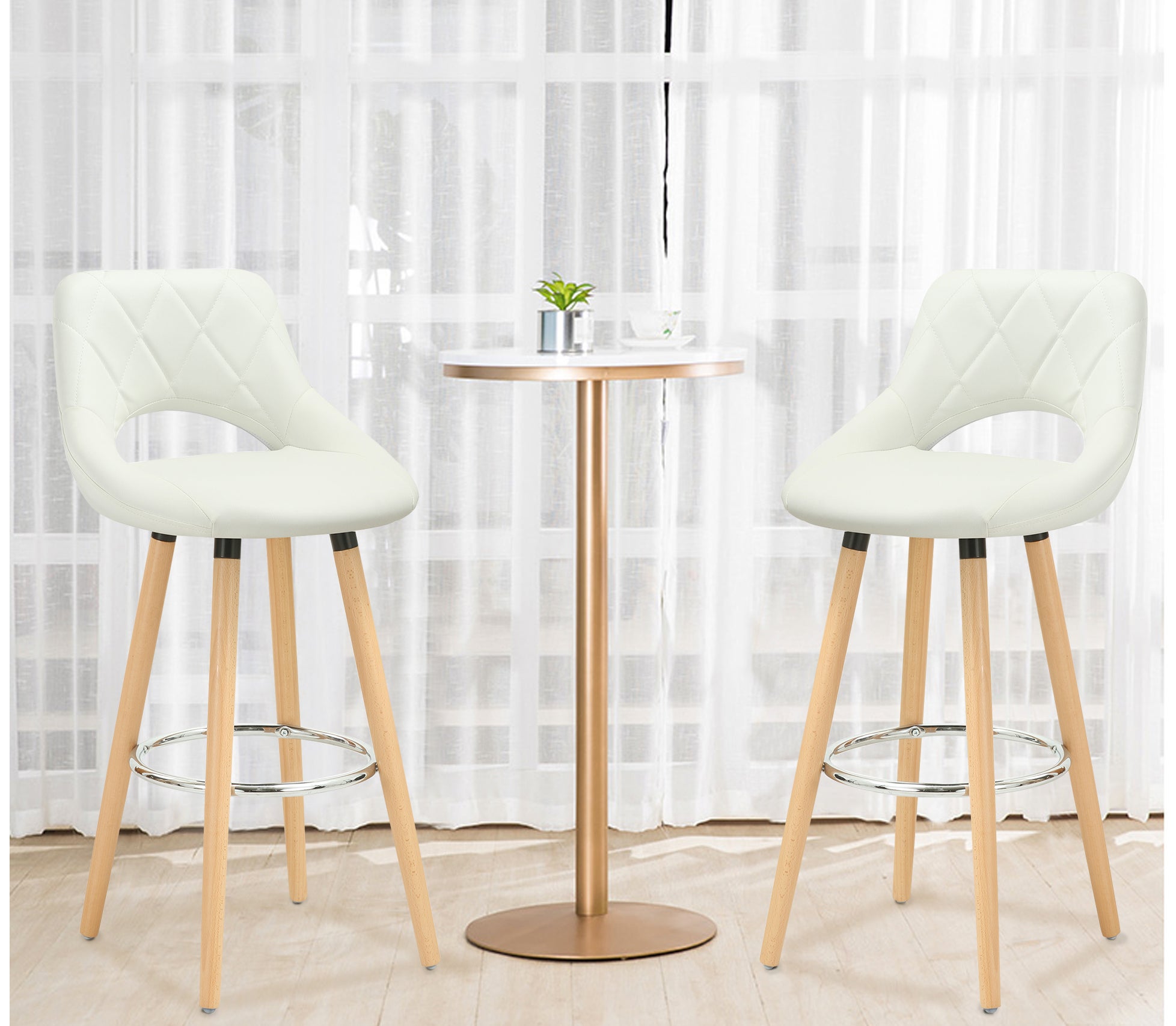WOLTU Lot de 2 Tabouret de bar avec dossier et repose-pieds, Fait de similicuir et bois massif, Siège bien rembourré, 43x43x91cm, Blanc - 2