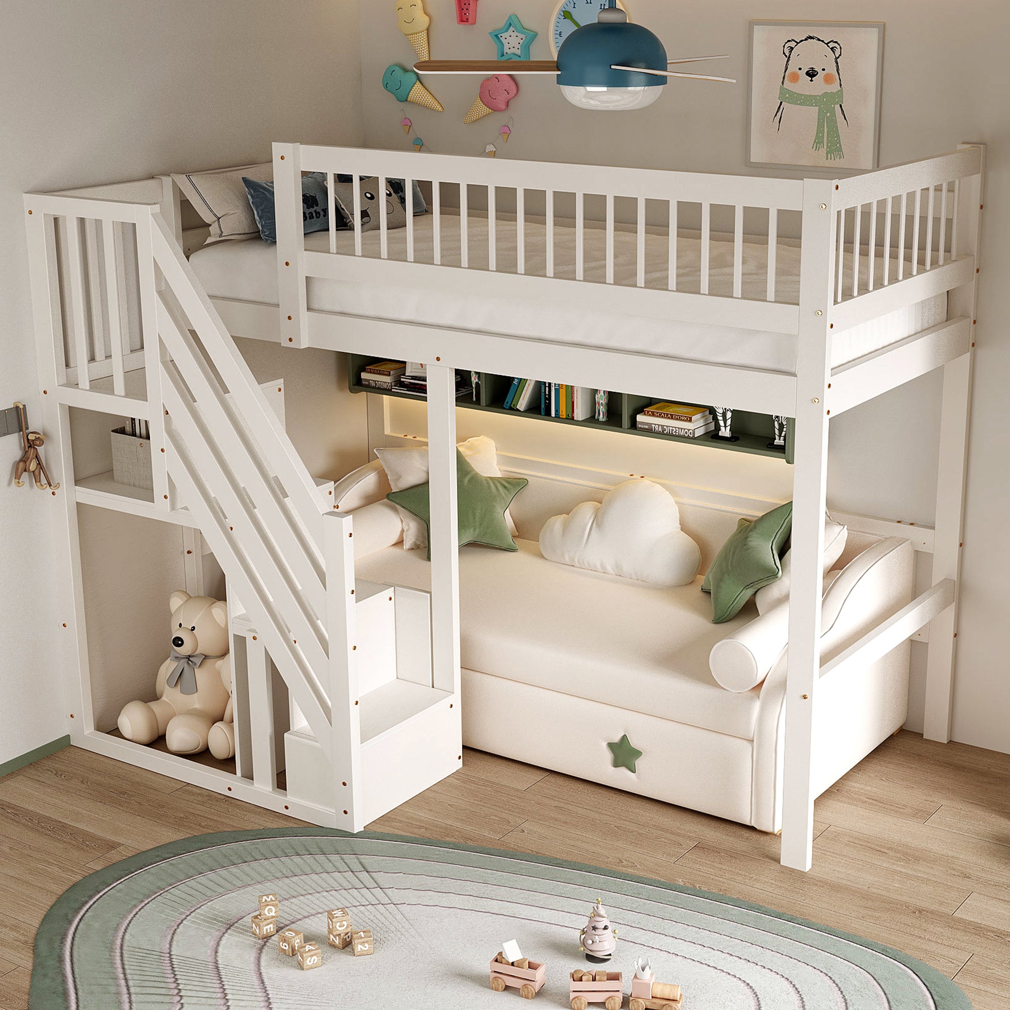Lit mezzanine 90 x 200 cm avec armoire de rangement, lit enfant en bois avec sommier à lattes, lit superposé pour enfants et adolescents, blanc - 3