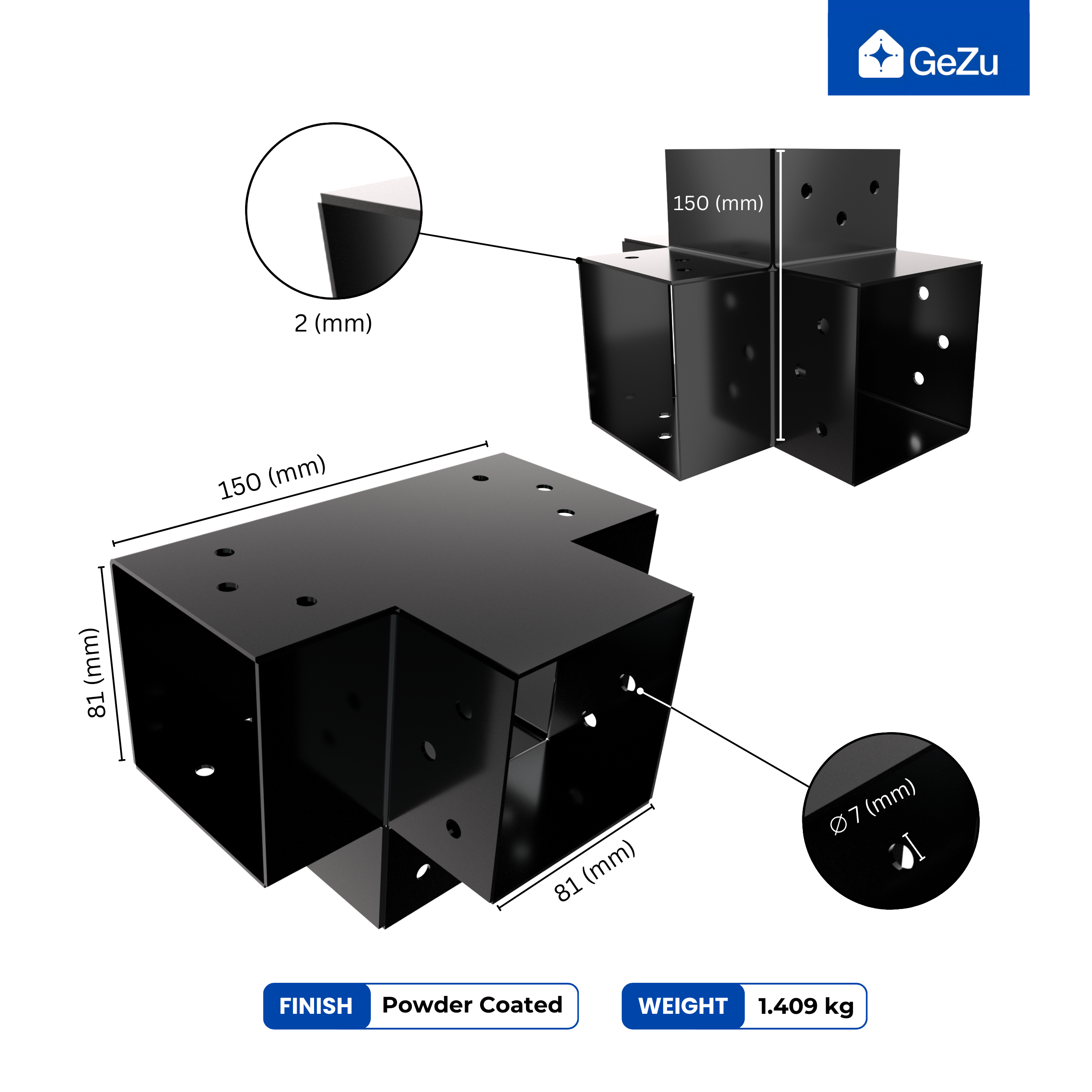 Connecteur de Poteau X 81 x 81 mm Lot de 4 GEZU IMPEX Noir Pergola Connecteur D’Angle 4 Voies Pavilon Support Bricolage Menuiserie - 2