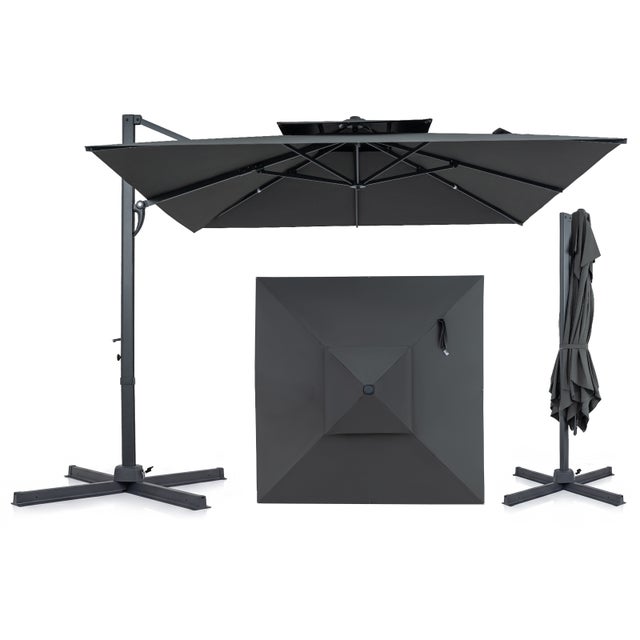 Parasol Déporté 3x3 m, 210 g/m², Toit à Double avec Pied, Parasol de Jardin Extérieur avec Rotation 360° à Pédale, Manivelle, Base en Croix, Beige