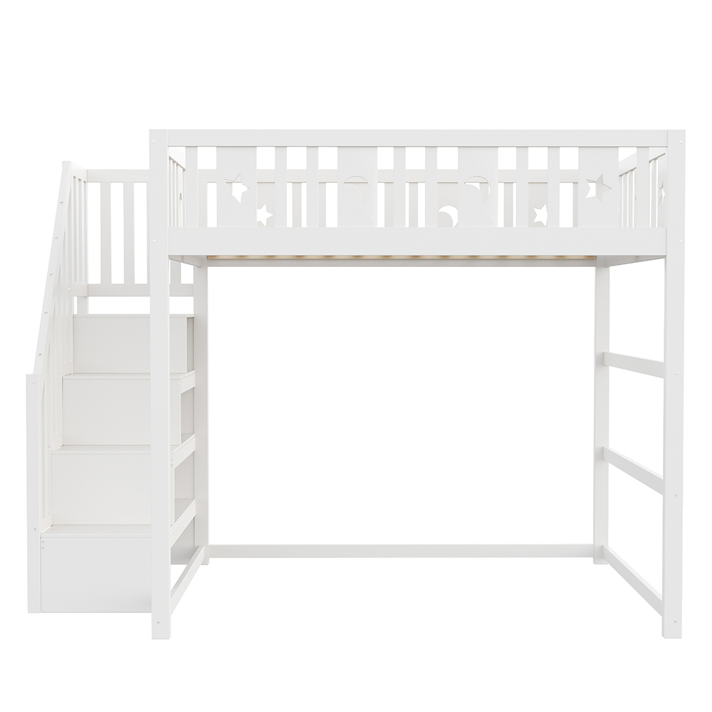 Lit superposé enfant 140x200 bois massif avec escalier et barrière sécurité étoiles-lune blanc - 4