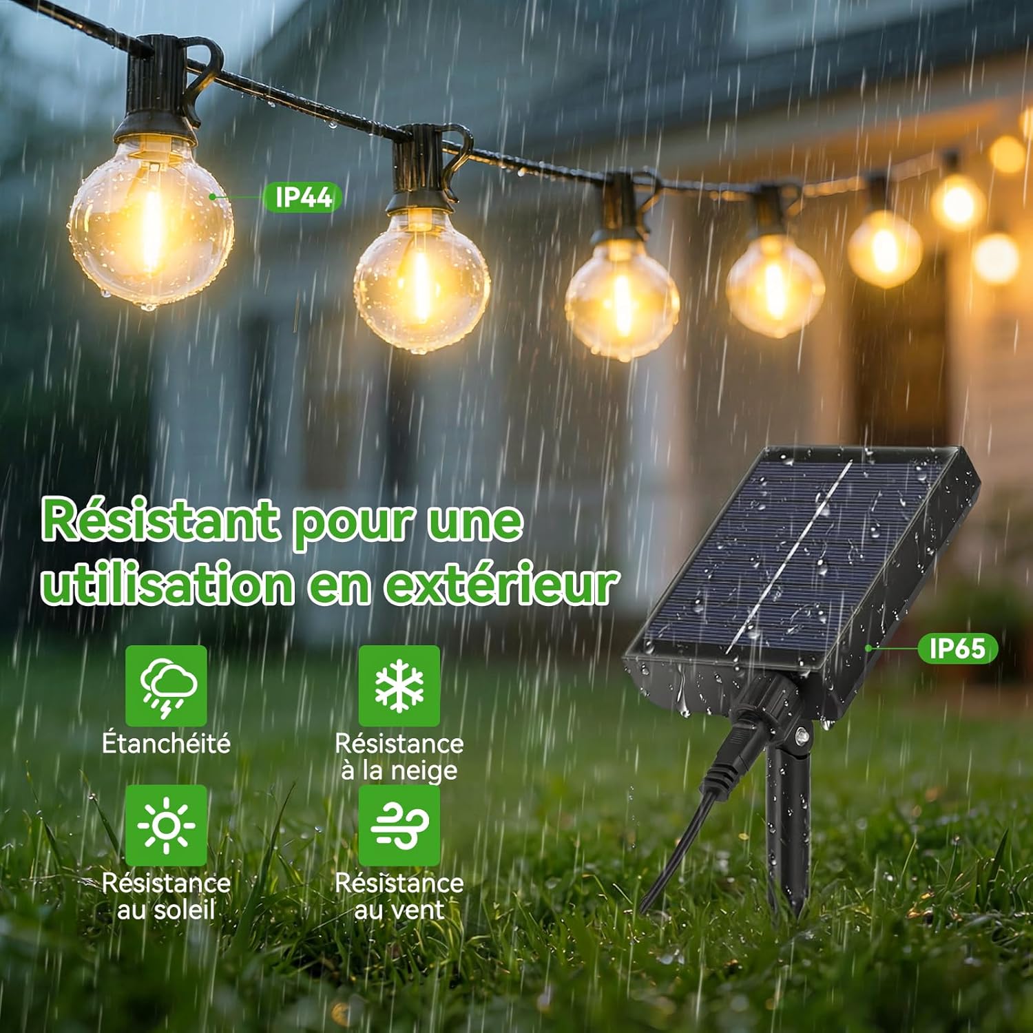 Guirlande lumineuse solaire d'extérieur avec télécommande LED réglable G40 pour balcon, terrasse, mariage, fête 15 m - 5
