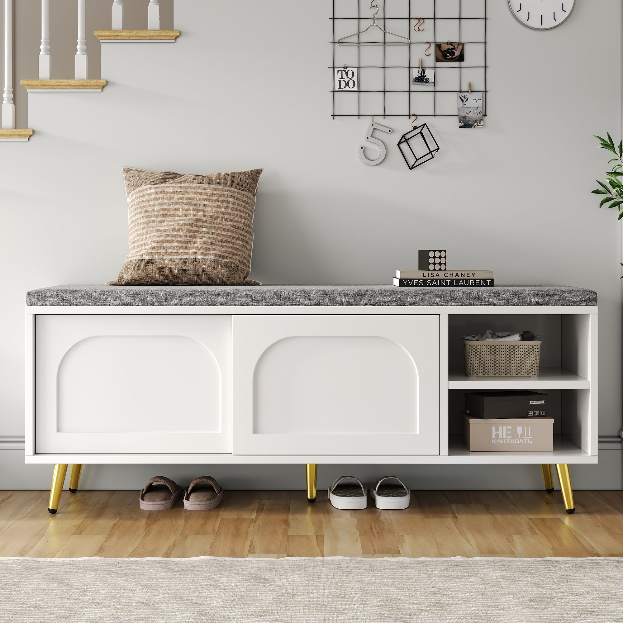 Sofa 2-osobowa z funkcją spania z mechanizmem klik-klak, w tkaninie sherpa – regulowane oparcie – 175 x 64 x 72 cm – złote metalowe nogi – biała