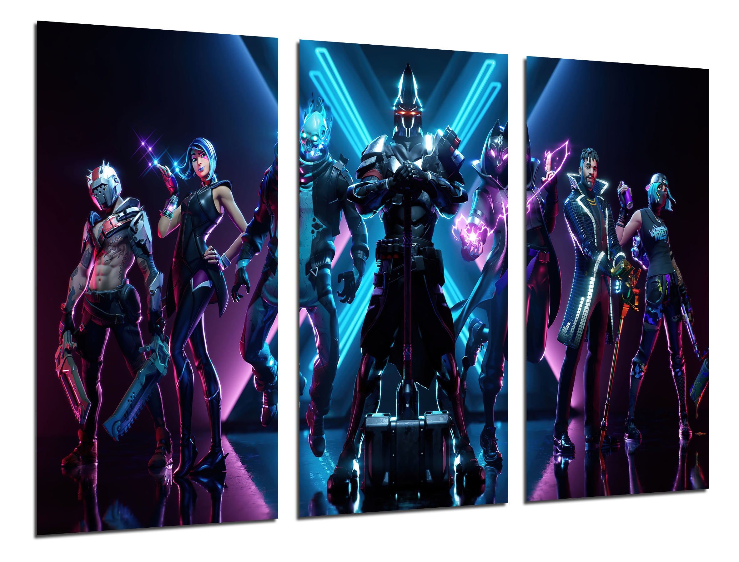 Set cuadros vídeo juego, fortnite, epic games, negro, neón, impresión digital sobre madera