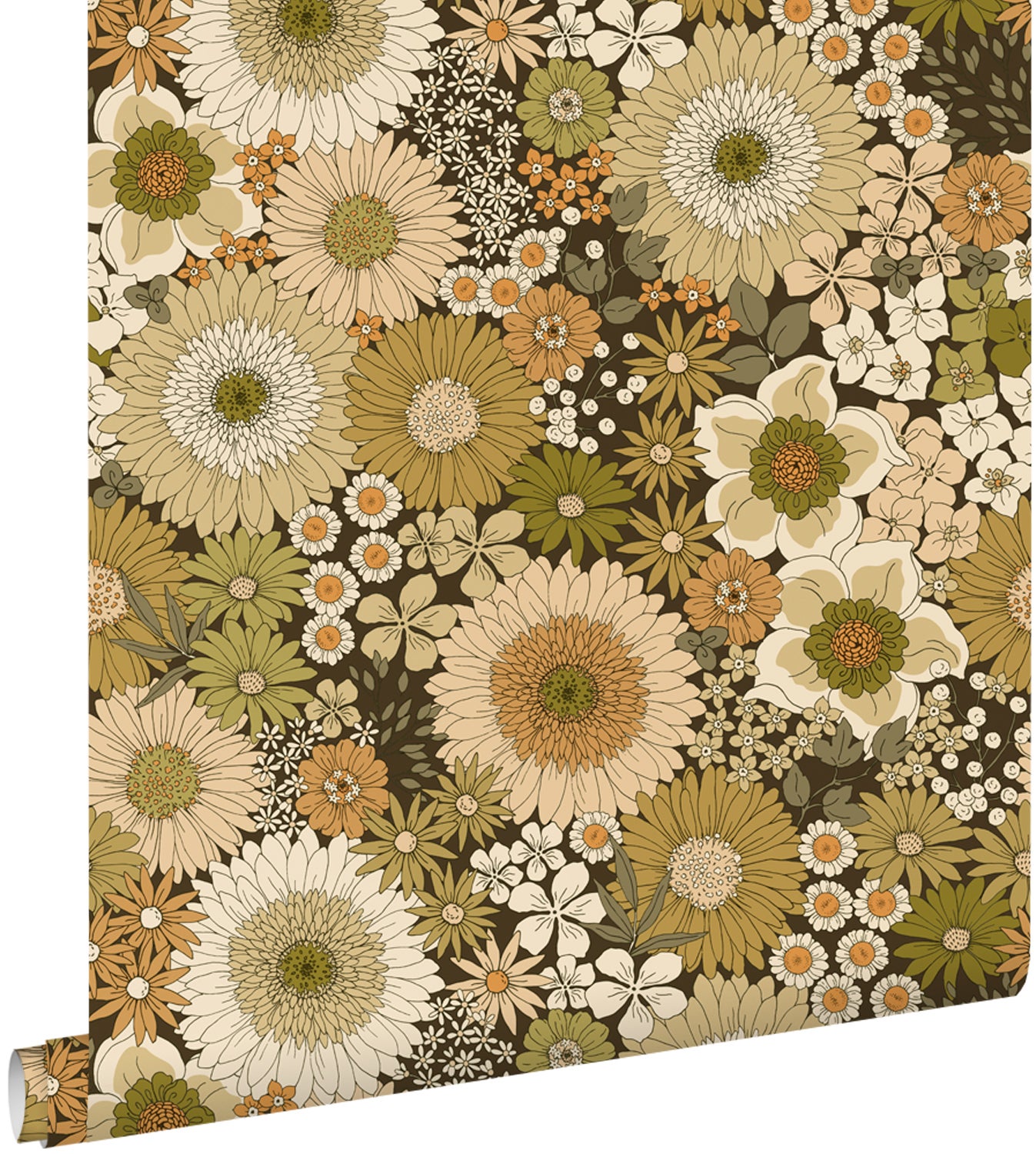 Tapeta retro kwiaty oliwkowymIpomarańczowo brązowym - 50 x 900 cm - ESTAHOME