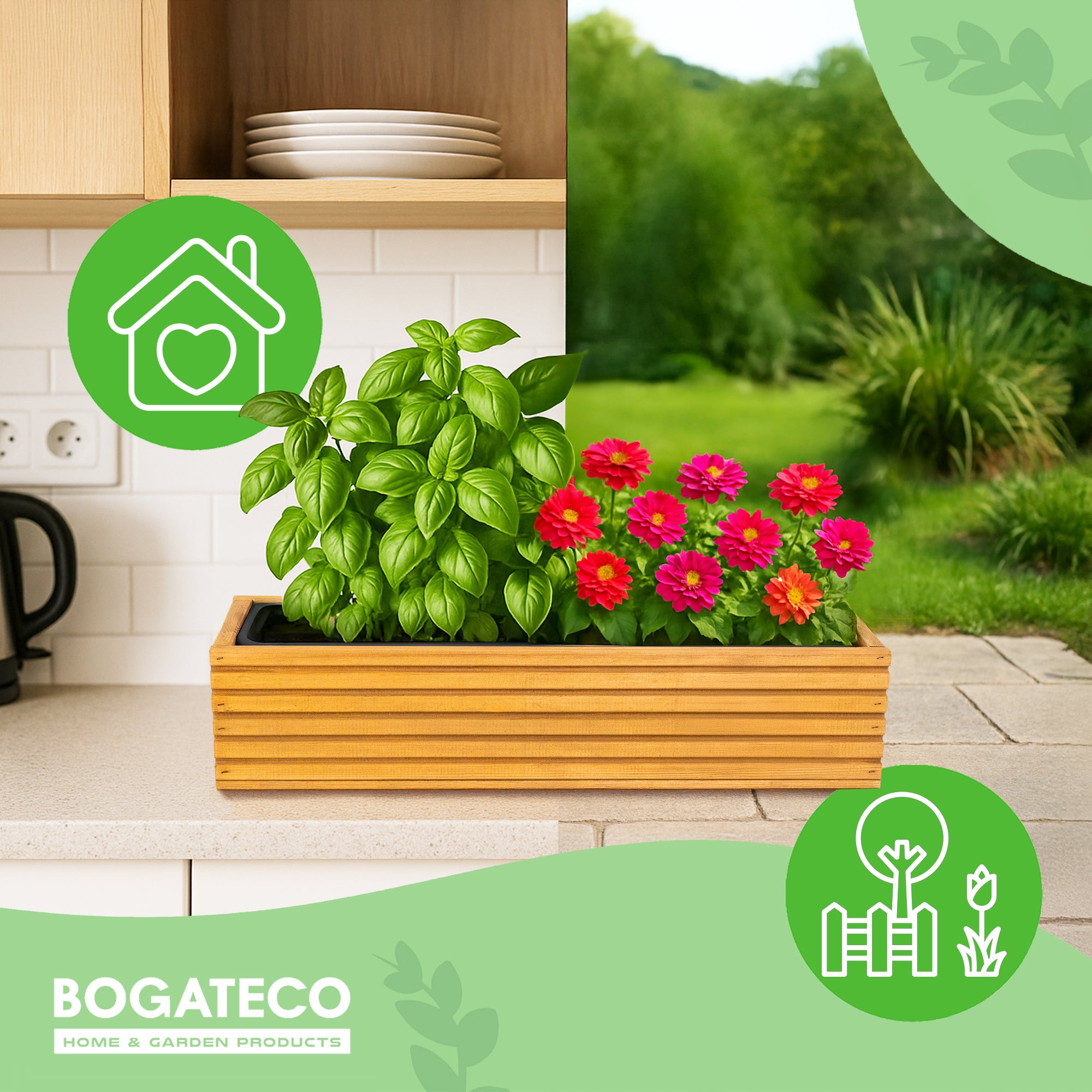 Boîte à fleurs en bois | Boîte à plantes | Pot de fleur 64 x 20 x 14,5 cm | Pot d'herbes | Pot avec insert en plastique | Imperméabilisé | Brun clair - 9
