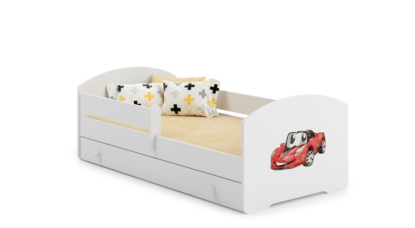 Białe Łóżko Dziecięce w Stylu Skandynawskim z Motywem Samochodu 140x70 cm z Szufladą – Zawiera Materac Piankowy, Stelaż i Pełną Konstrukcję