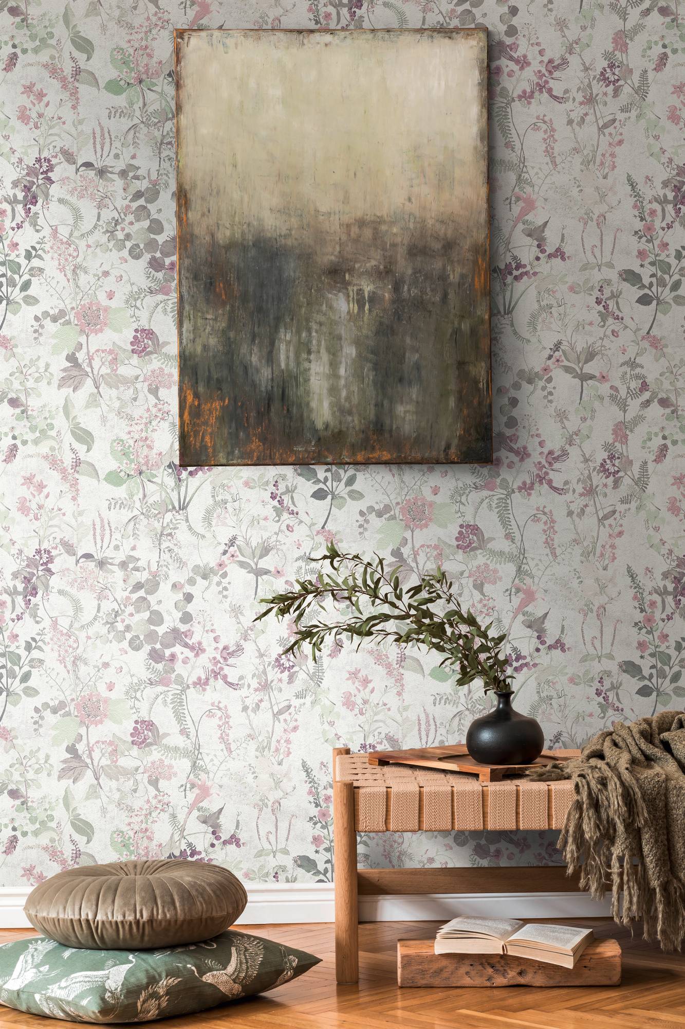 Papel pintado flores casa de campo tejido no tejido Papel pintado beige verde y rosa para cocina y salón, 10,05 x 0,53 m - 5