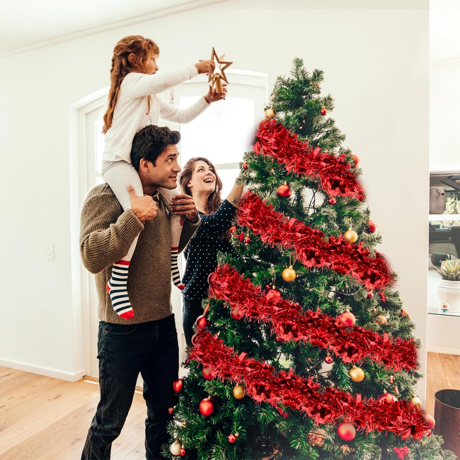 Guirlanda de decoração de Natal com 4 peças, guirlanda para árvore de Natal interna e externa - vermelha - 6