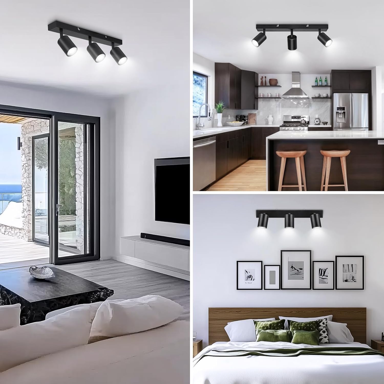 Luminaire Plafonnier Spot Orientable Noir, Moderne Spot Plafond GU10 Spot Interieur Plafond,Pivotants Plafonnier LED 3 Spots pour Cuisine,Sans Ampoule - 6