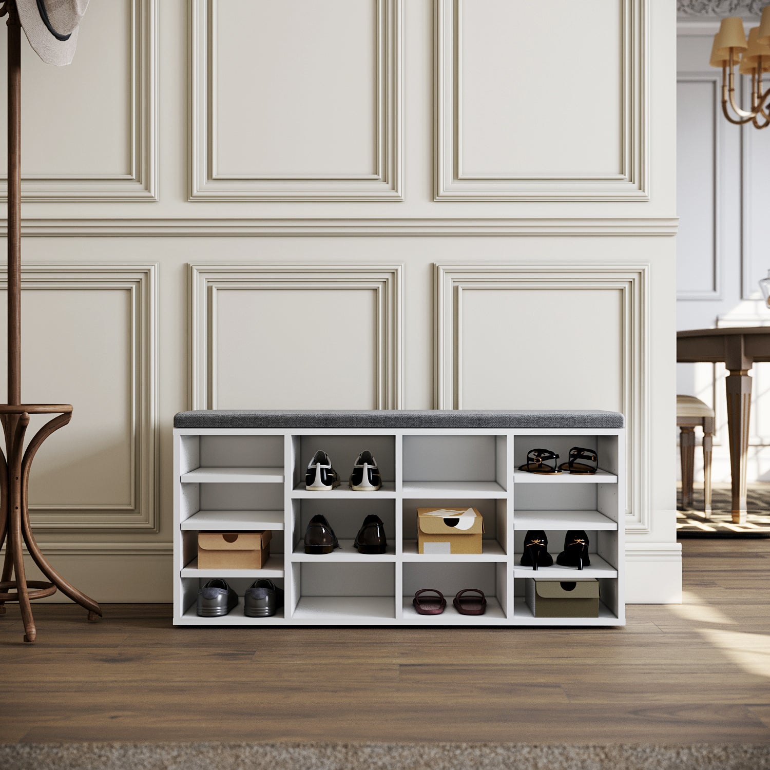 HOMCOM Banc à Chaussures avec Siège Coussiné, 3 Tiroirs en Tissu pour Entrée et Couloir
