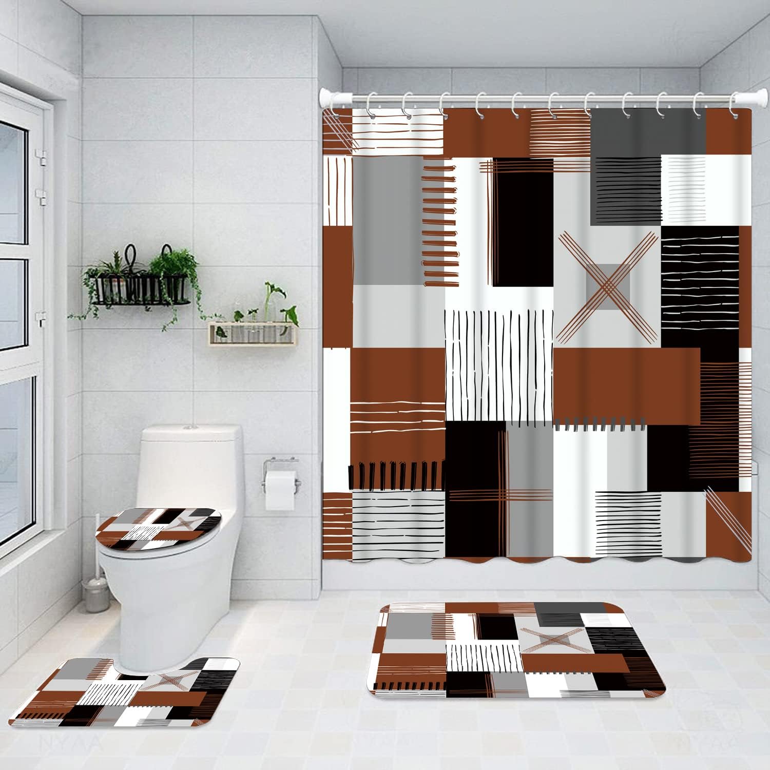 Ensemble Rideau De Douche 4 Pièces Avec Tapis - Motif Dragon, Velours Corail Et Oxford Imperméable