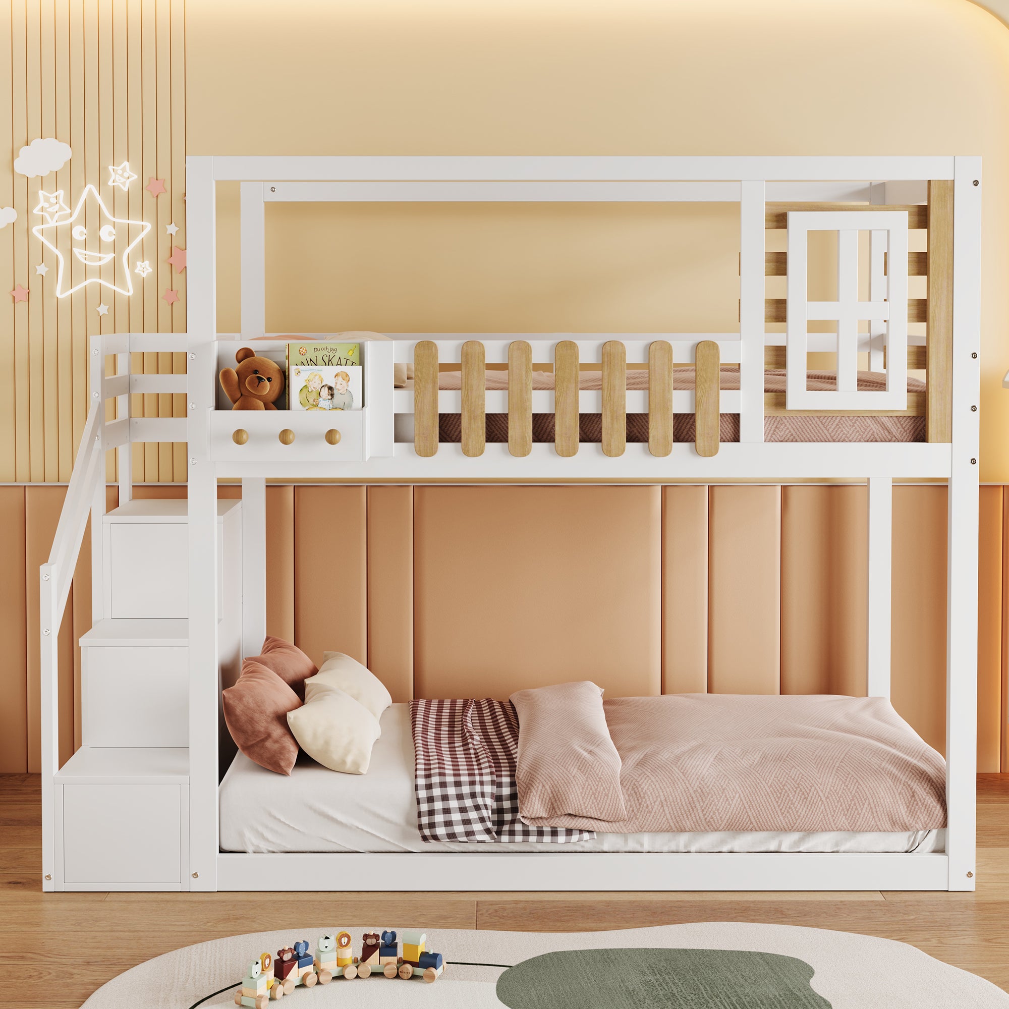 Łóżka piętrowe 2 x 90 x 200 cm ze schodami, oknem i 3 szafkami - drewno sosnowe + płyta MDF - białe (bez materaca)