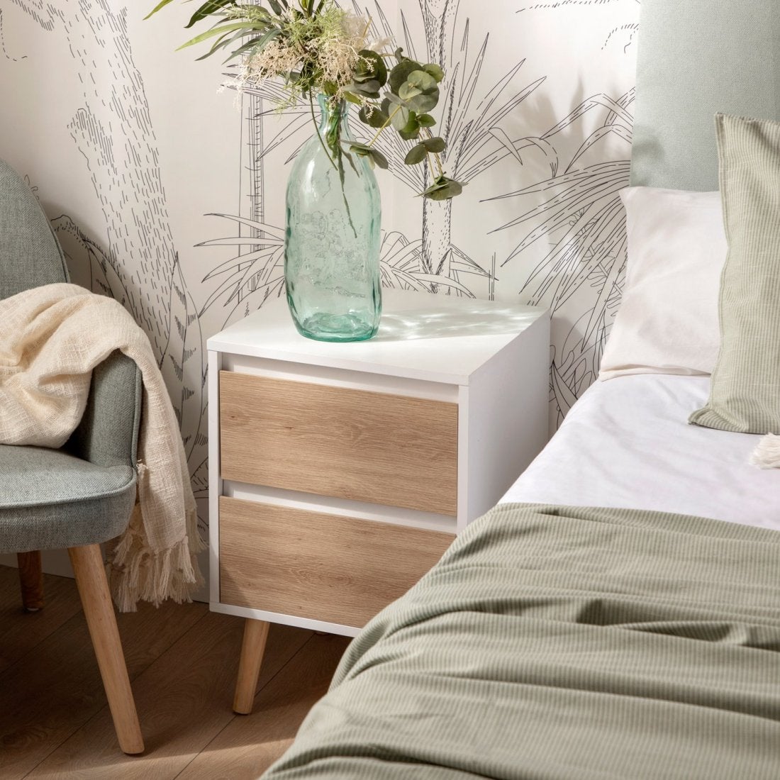 Pack 2 mesitas de noche efecto madera blanco-natural 40 x 59 cm - 7