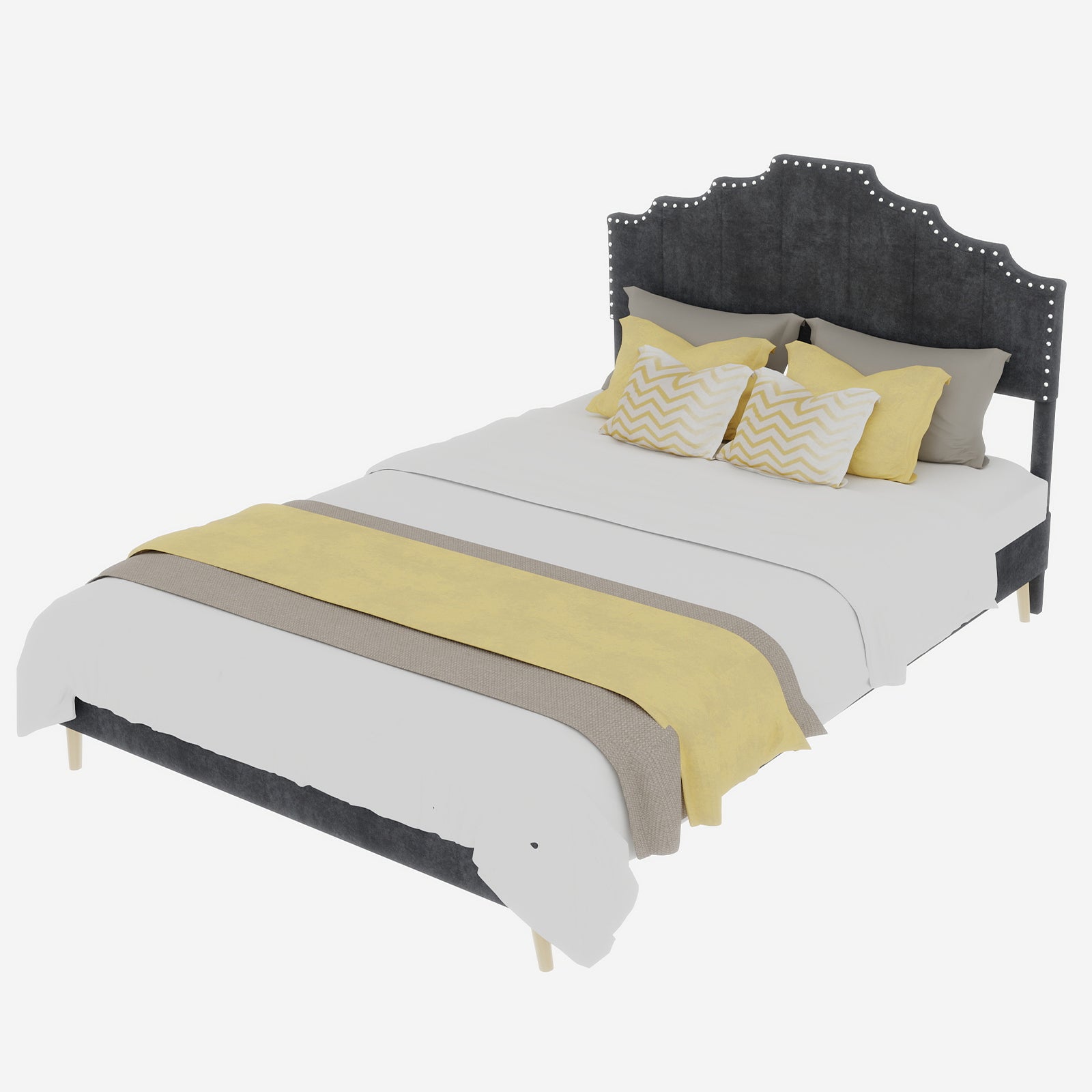 Letto matrimoniale 140x200 cm, con testiera, doghe in legno, grigio metallo, senza materasso - 3