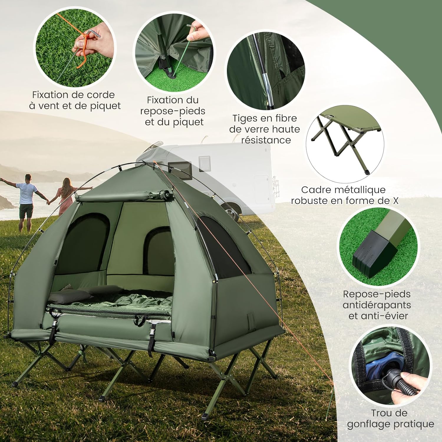 Lit De Camping Pliable Outsunny – Tente Surélevée 1 Personne Avec Matelas Air, Vert