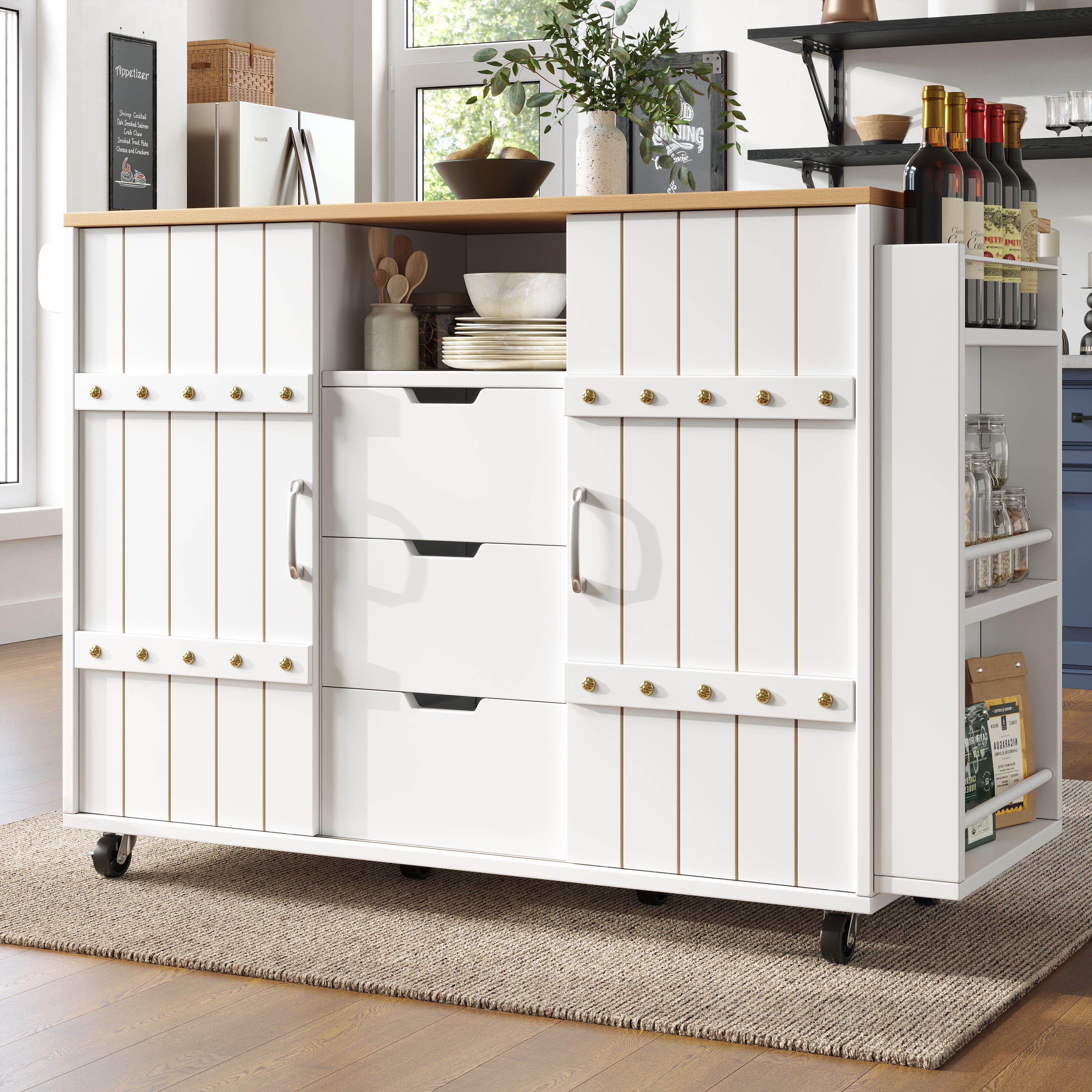 Isla de cocina móvil - superficie extensible - 3 cajones - con especiero y toallero - mdf - blanco