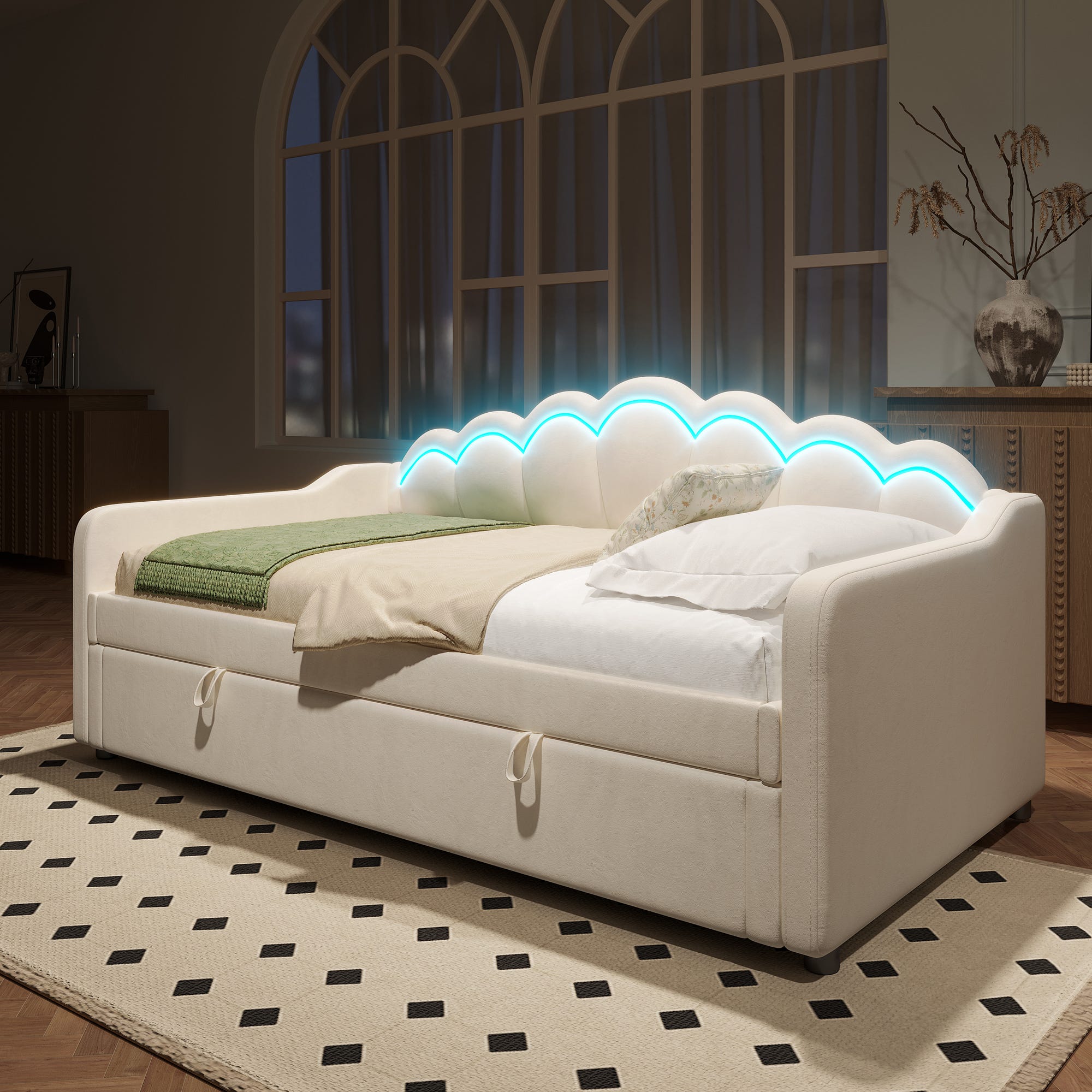 Canapé lit 90x200cm - avec led rgb et télécommande - rangement hydraulique caché - velours doux - structure stable 120kg - beige Bubbly Shop Canapé lit 90x200cm - avec led rgb et télécommande - rangement hydraulique caché - velours doux - structure stable 120kg - beige Bubbly Shop