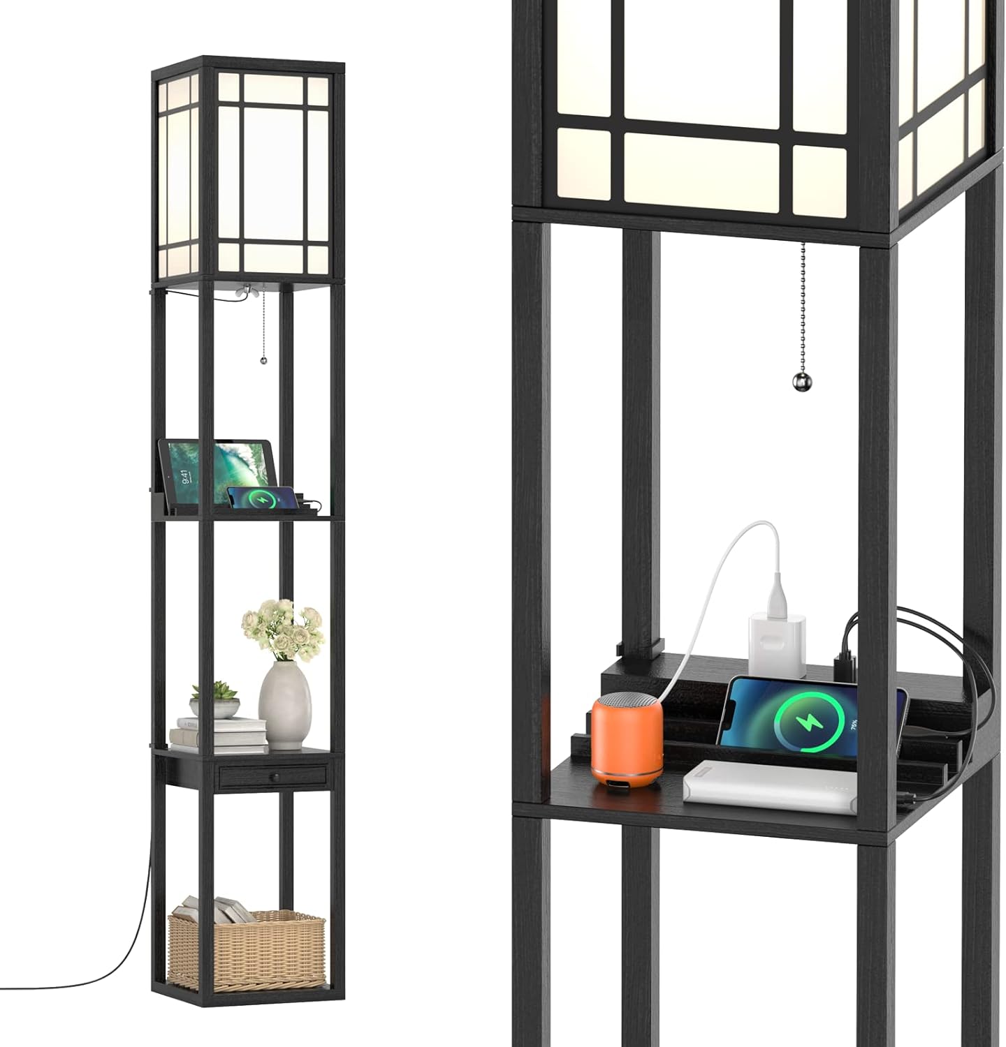 Lampa Stojąca z 3 Poziomami, Prostokątna Lampa Stołowa z Gniazdami E27, Regały Otwarte i Mała Szuflada do Przechowywania (Model A)