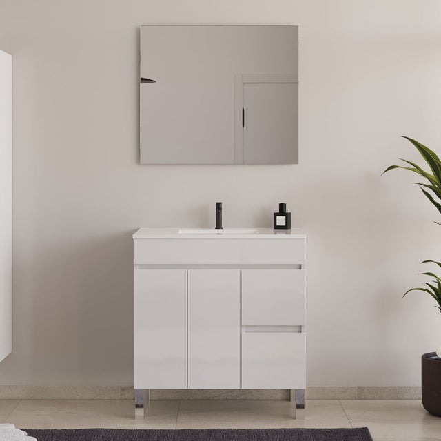 Meuble de salle de bain 80cm simple vasque sur pieds avec portes et tiroirs - blanc - HARO