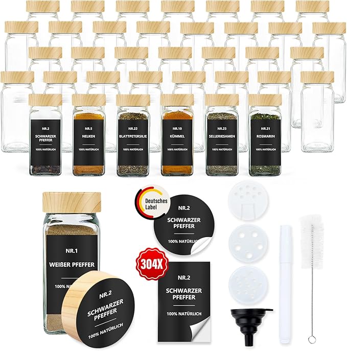 36 kwadratowych słoików na przyprawy (120 ml) z hermetycznymi etykietami i drewnianymi pokrywkami