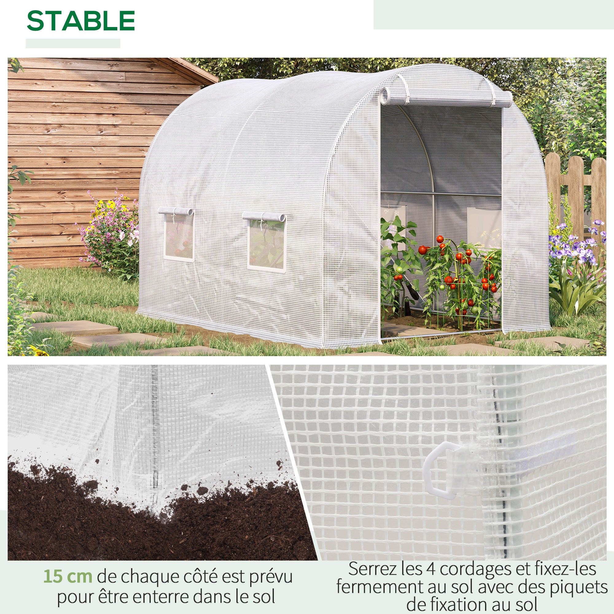 Serre de Jardin Tunnel 6 m² 3L x 2l x 1,9H m Acier galvanisé renforcé diamètre 2,4 cm + PE Haute densité fenêtres Porte Blanc - 7