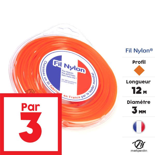 Fil nylon 3 mm x 12 m Carré Orange Blister par 3 - 2