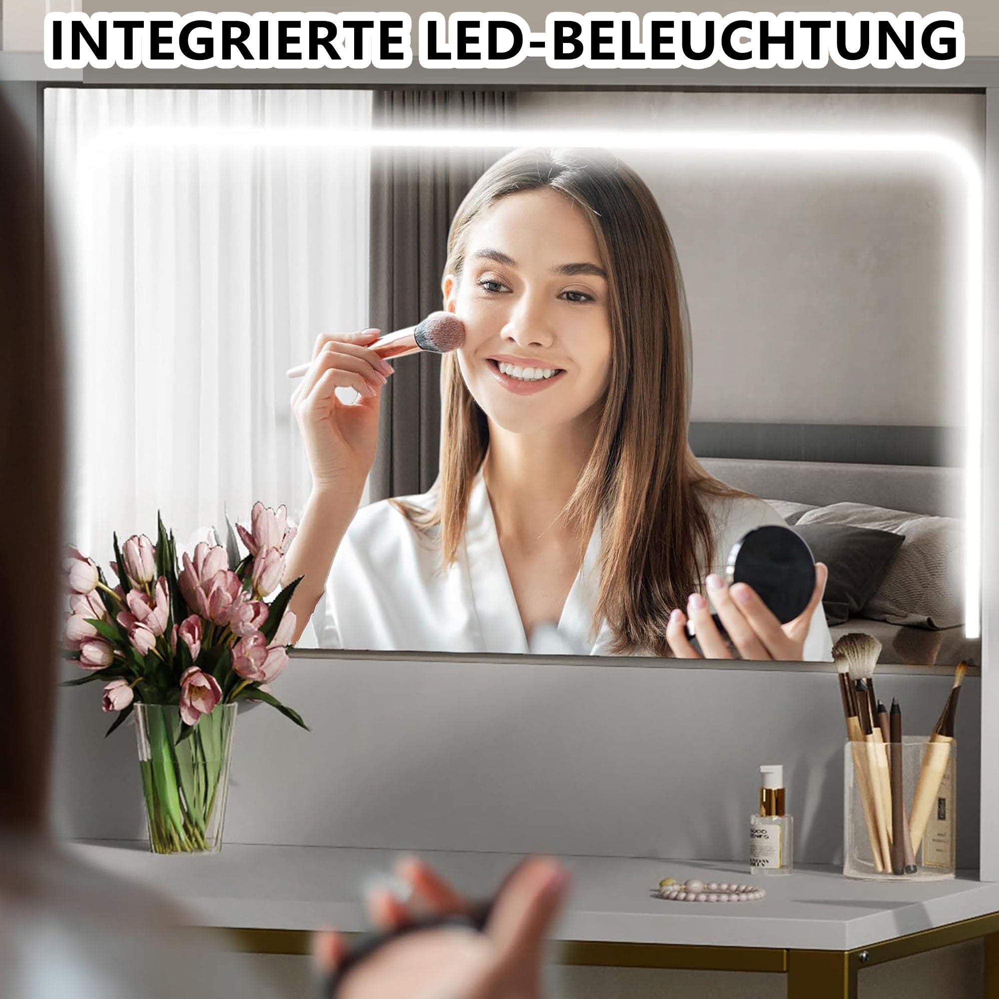 Coiffeuse avec miroir led, tabouret de coiffeuse, 5 tiroirs et 2 compartiments de rangement, design d'angle en L, blanc, table d'appoint, coiffeuse - 6