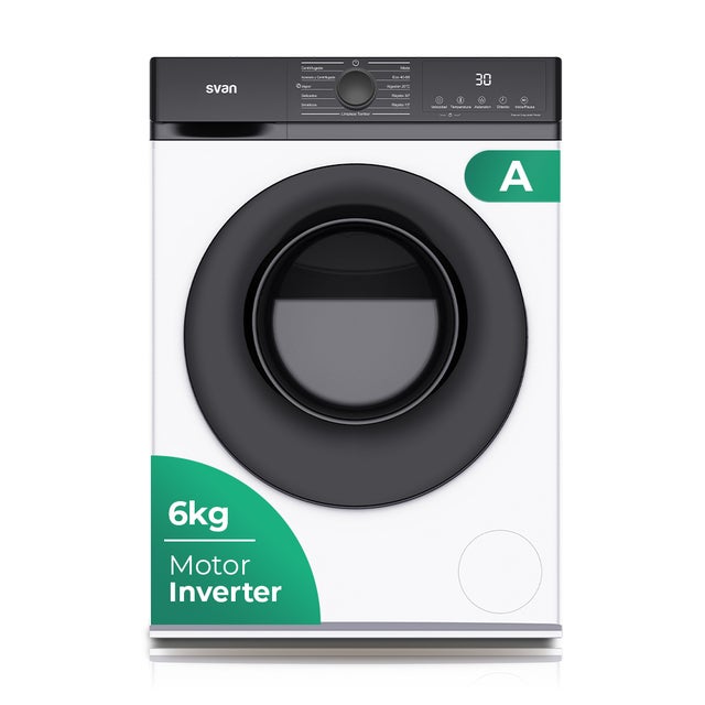Lavadora de 6 Kg Svan, SL6203AIDV, 1600W, 1200 rpm, Motor Inverter, Tambor Diamante, Clase de Eficiencia Energética A