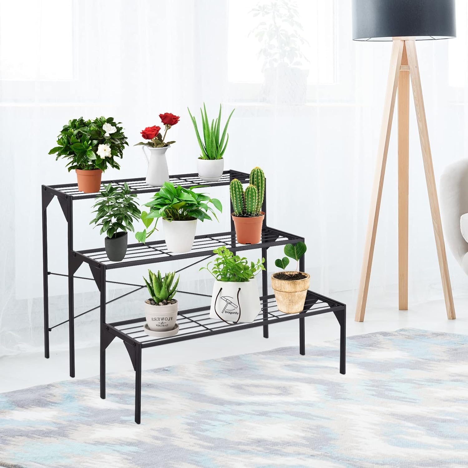 Support pour Plantes en Acier à 3 Niveaux, Support de Rangement pour Pots de Fleurs en échelle, Porte-Plantes,Support de Plantes Robuste - 8