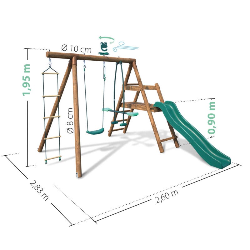 Portique en bois rond 3 agrès avec face à face, échelle et toboggan bas MÛRIER - 4