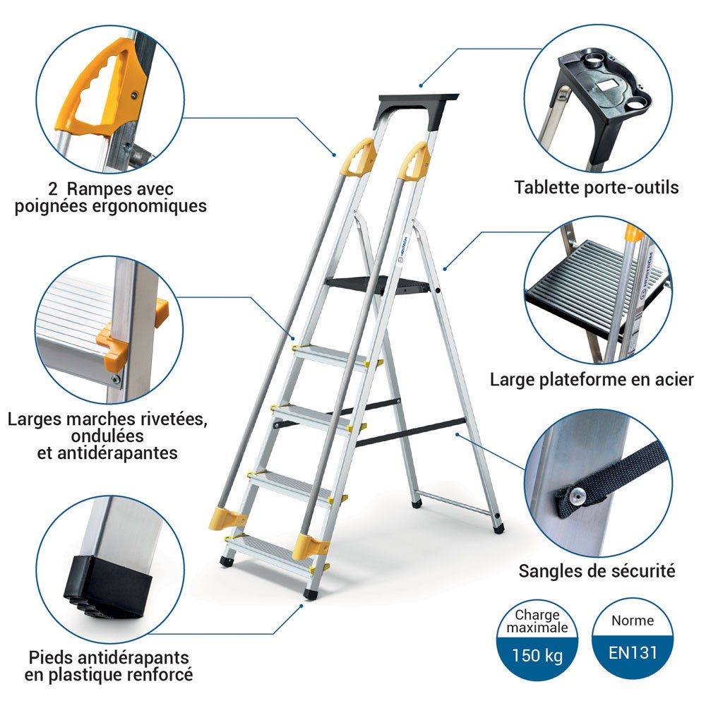 HOSTRÖM Escabeau 5 marches DURAMP sécurisé avec rampes, tablette porte-outils, marchepied pliable aluminium, hauteur plateforme 97cm, garantie 5 ans - 2