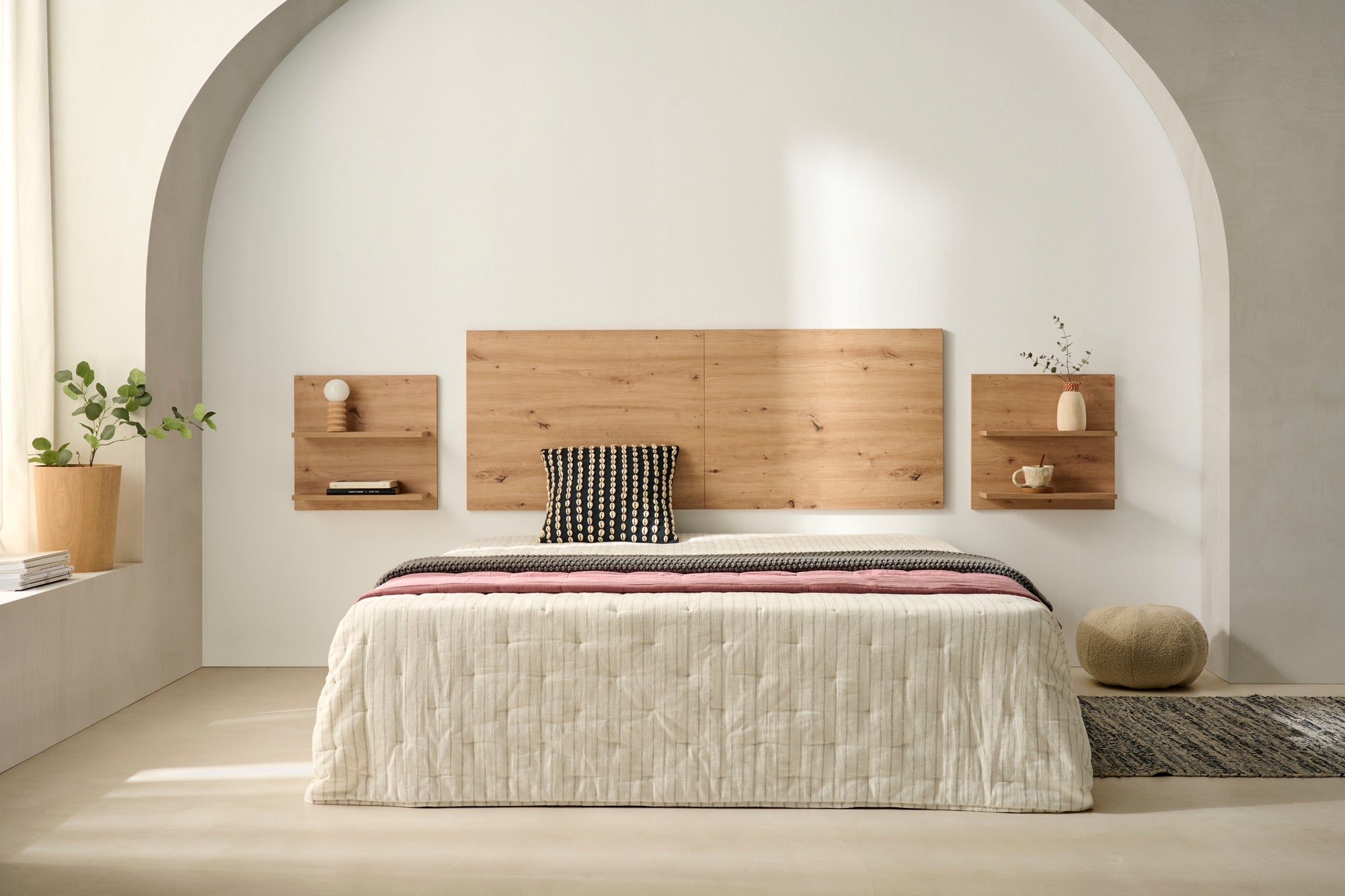 Cabecero + 2 mesitas Colgantes con Baldas, Acabado Madera, Medidas 155 x 60 x 2 cm - 2