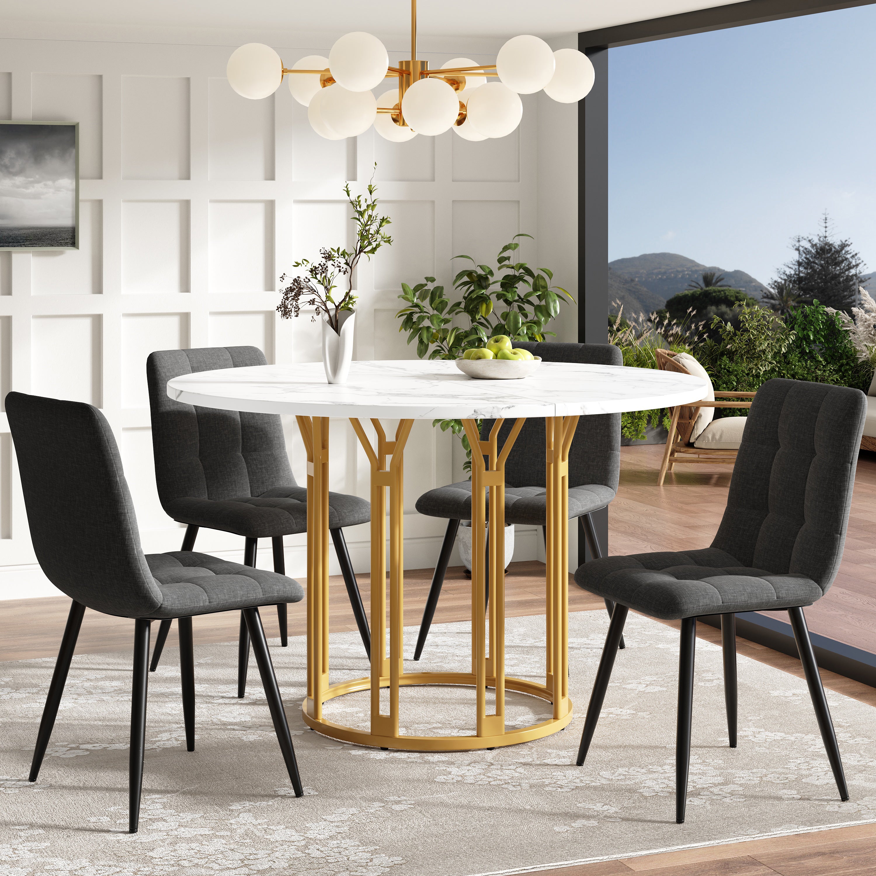 Set Tavolo Da Pranzo Rotondo 100cm Con 4 Sedie Imbottite - Marrone Chiaro E Grigio, Per 4 Persone - Foto 3