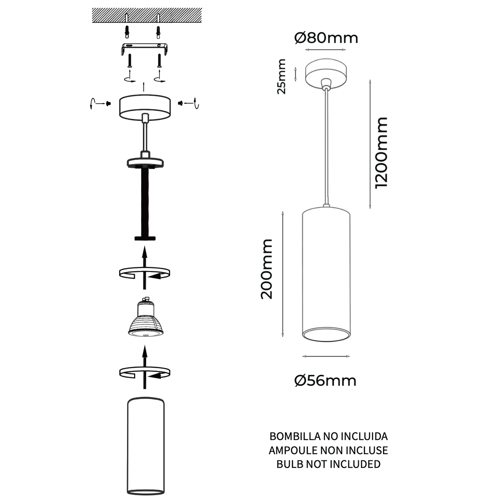 Lampada a sospensione moderna in alluminio nero minimalista a forma di tubo 20 cm con portalampada GU10, altezza regolabile. - 8