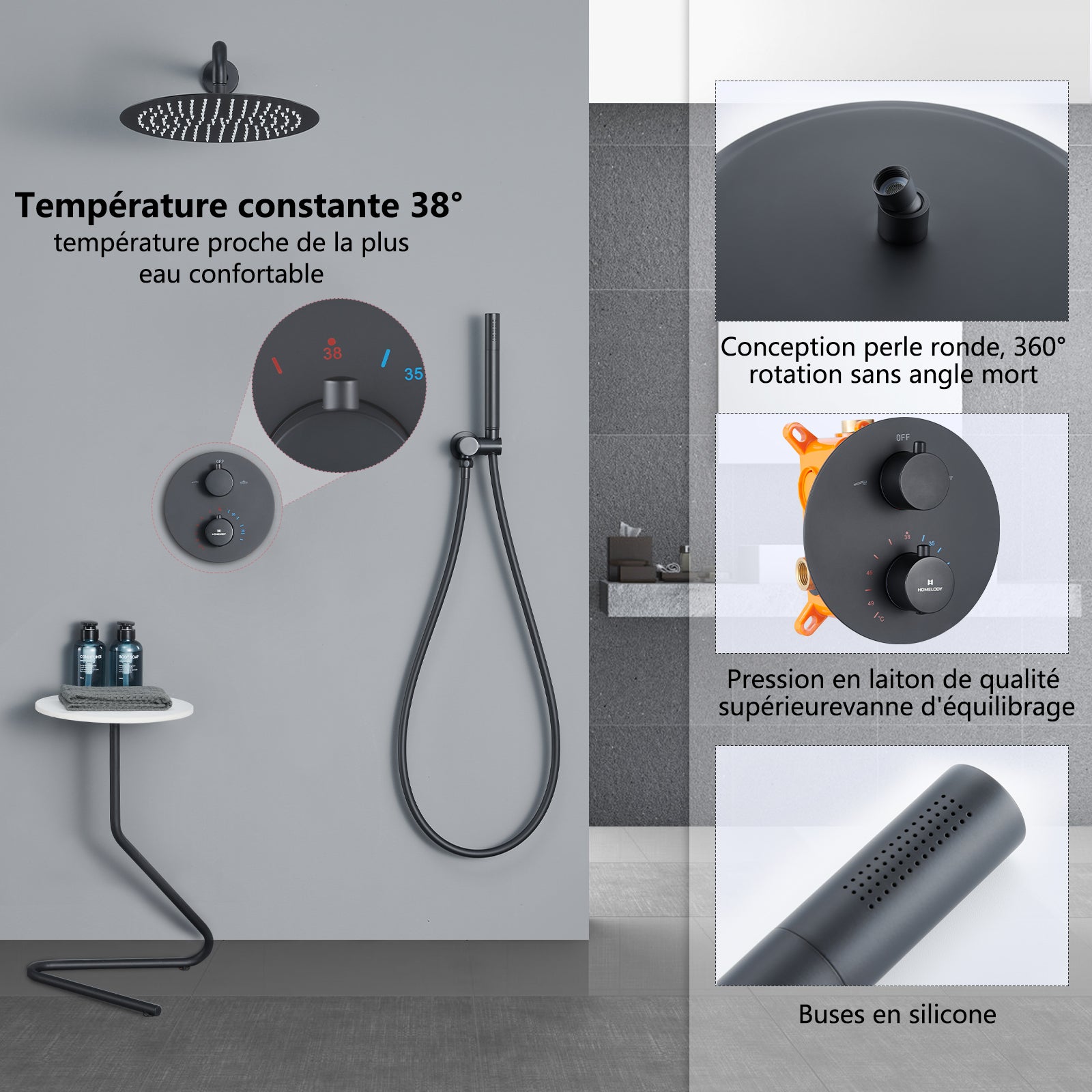 Colonne de Douche Thermostatique Noir en Laiton, Système Encastré avec Tête Ronde 12