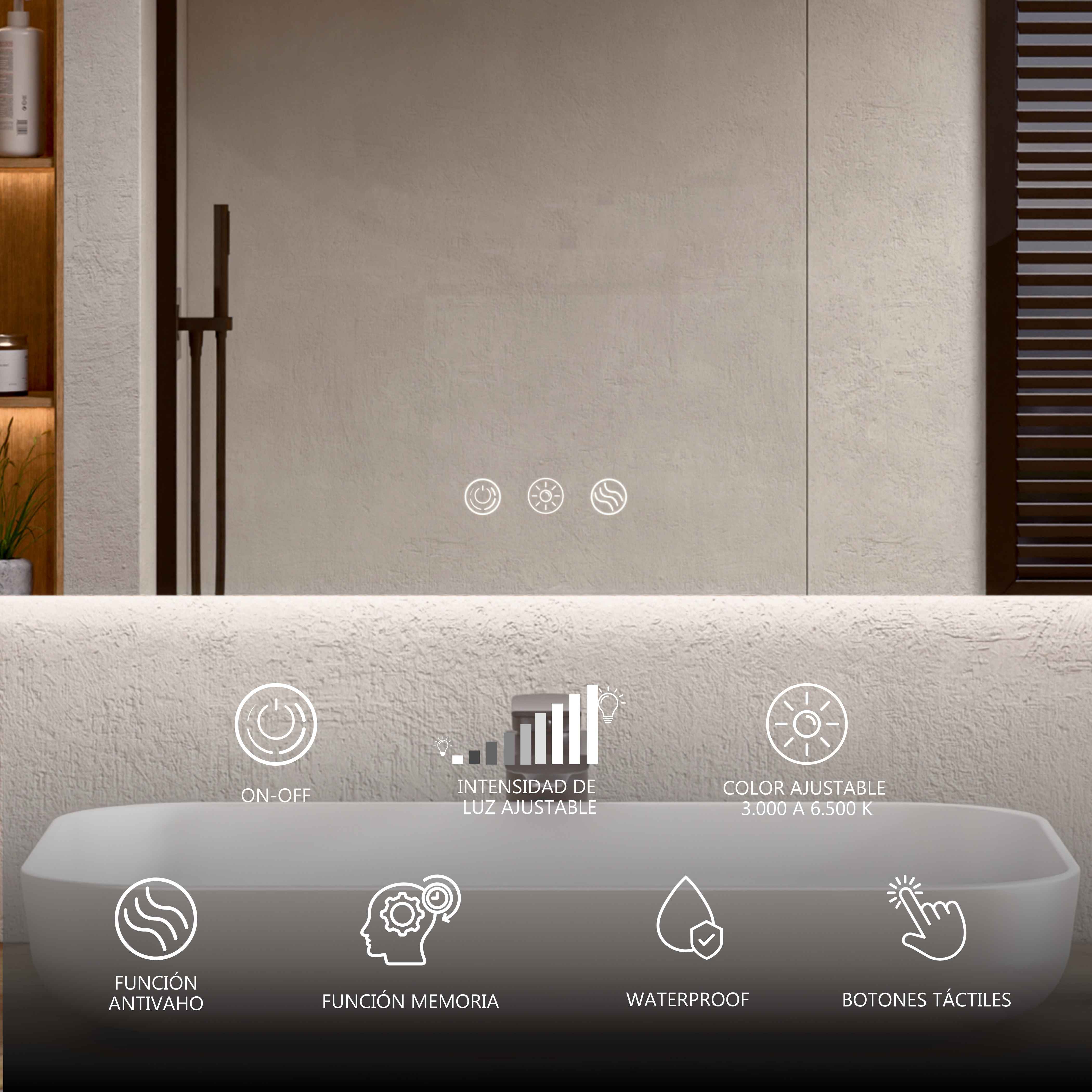 BELLOBATH - Espejo Baño con Luz Led, Luz Ajustable en 3 Colores e Intensidad, Antivaho - Luz Indirecta - 80cm alto x 100cm ancho - 4