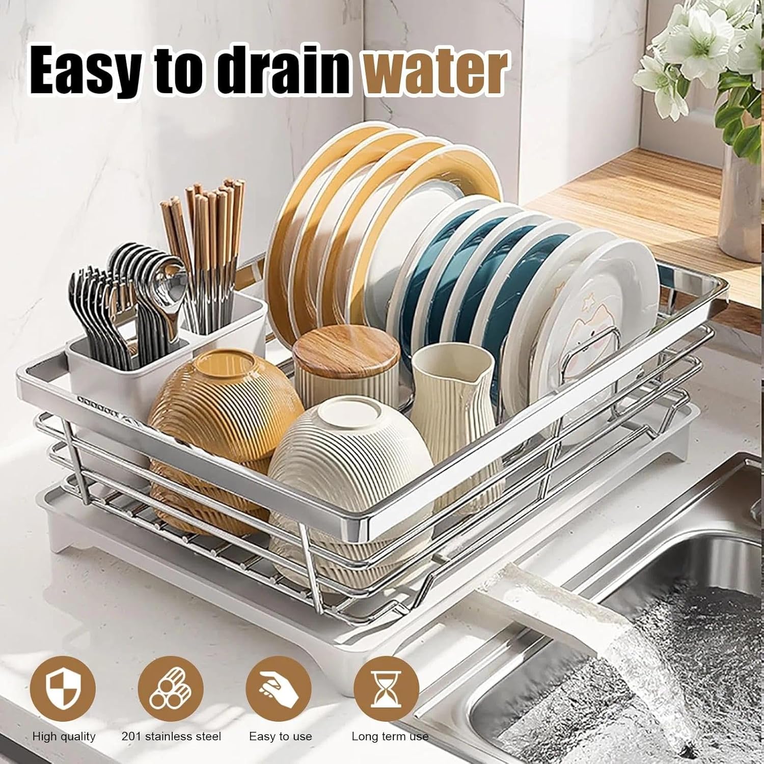 Escurreplatos de acero inoxidable con bandeja de goteo, estante que ahorra espacio para platos, tazones, tazas y cubiertos. - 3