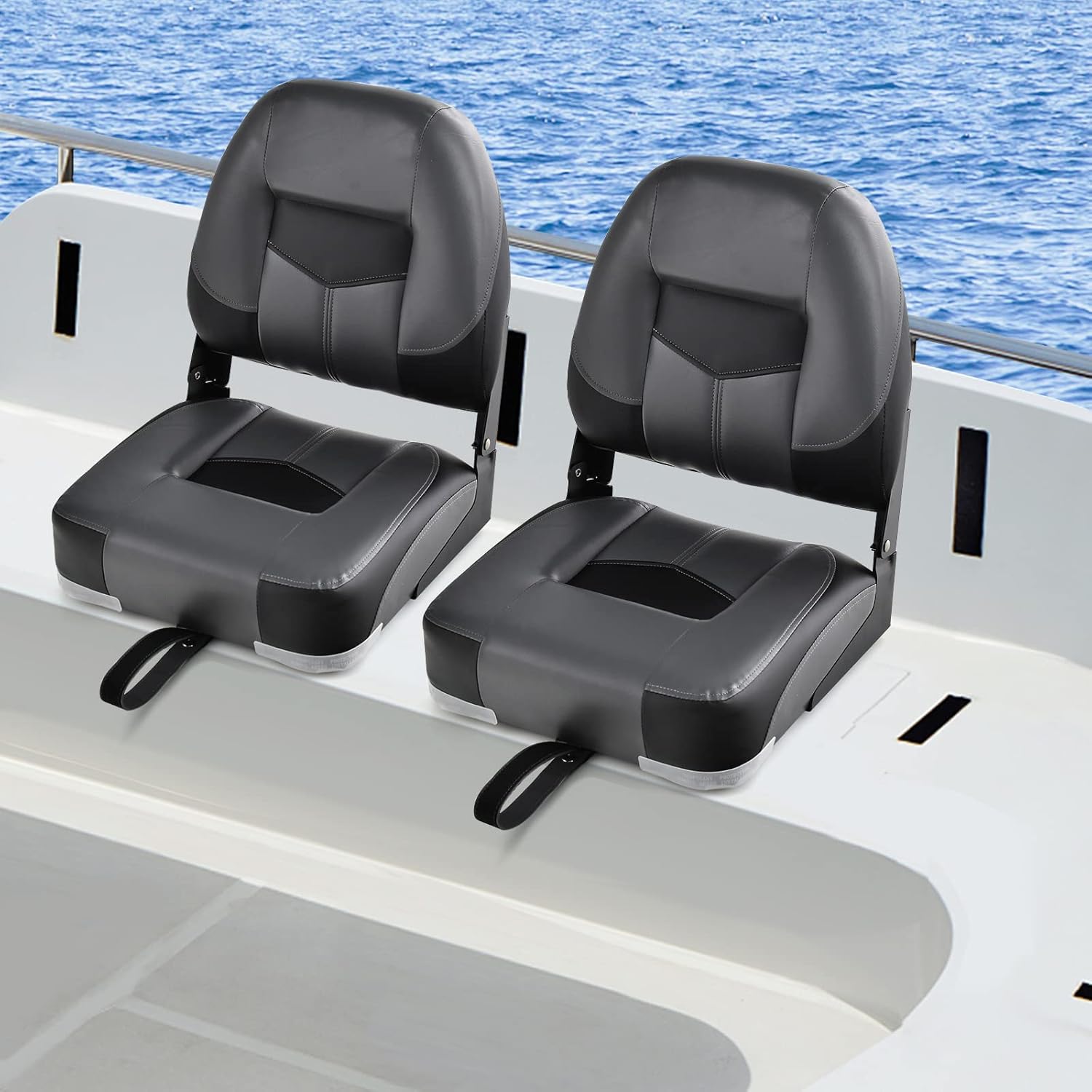 Siège Bateau Pliant Pro.tec – Similicuir Gris/blanc, Confortable Et Imperméable, 521x457x408 Mm
