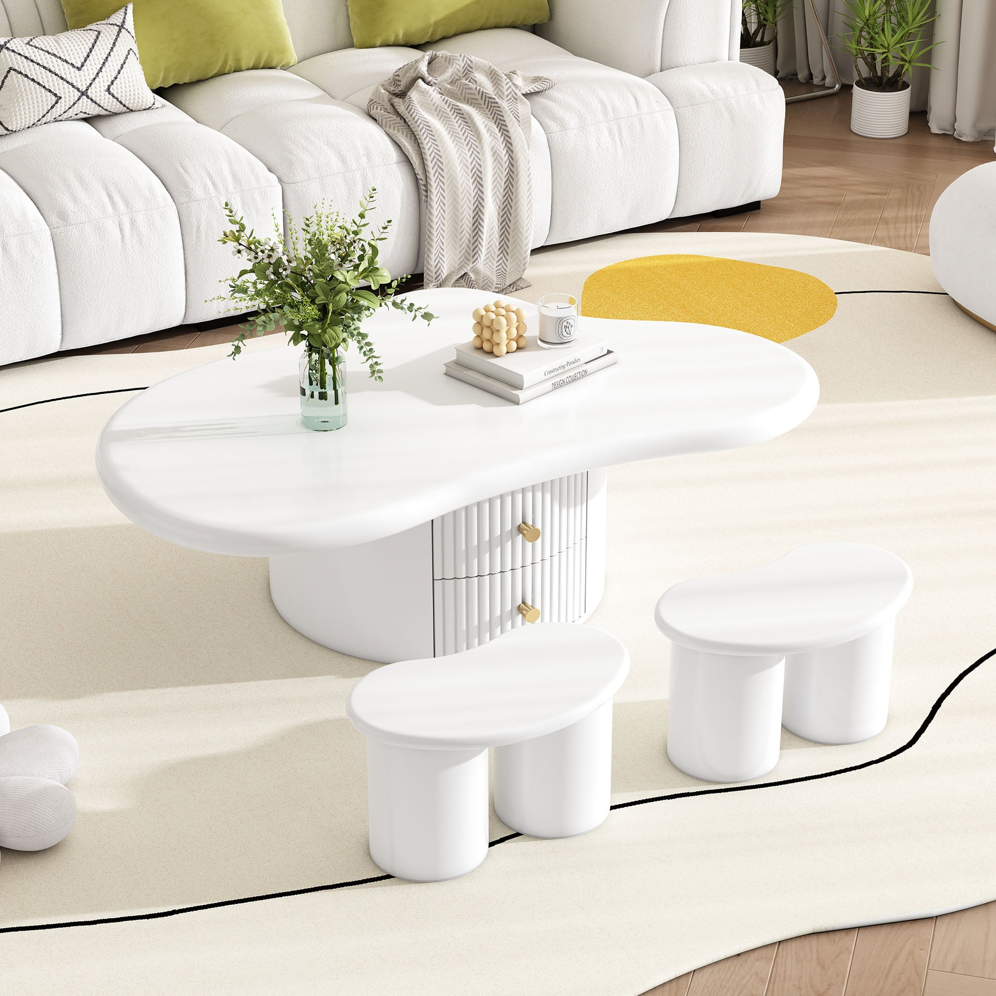 Nieregularny stolik kawowy w kształcie chmury, 97*67*32 cm, z 2 stołkami, blat MDF, w tym 2 szuflady i filcowe poduszki