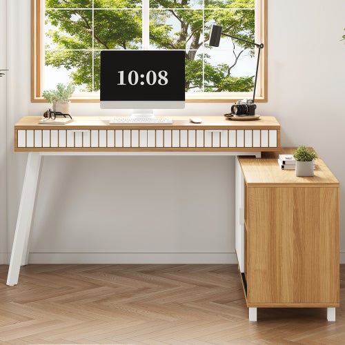 Bureau en L 140x120x76,5cm, style moderne, motif à rayures verticales, pieds en acier, deux tiroirs, grand espace de rangement - 3