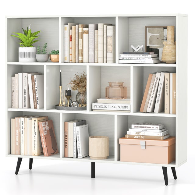 Regał na 10 koszy 120 x 24 x 107 cm, organizer z 5 smukłymi metalowymi nóżkami, półka z 2 zestawami zabezpieczającymi przed upadkiem, biały